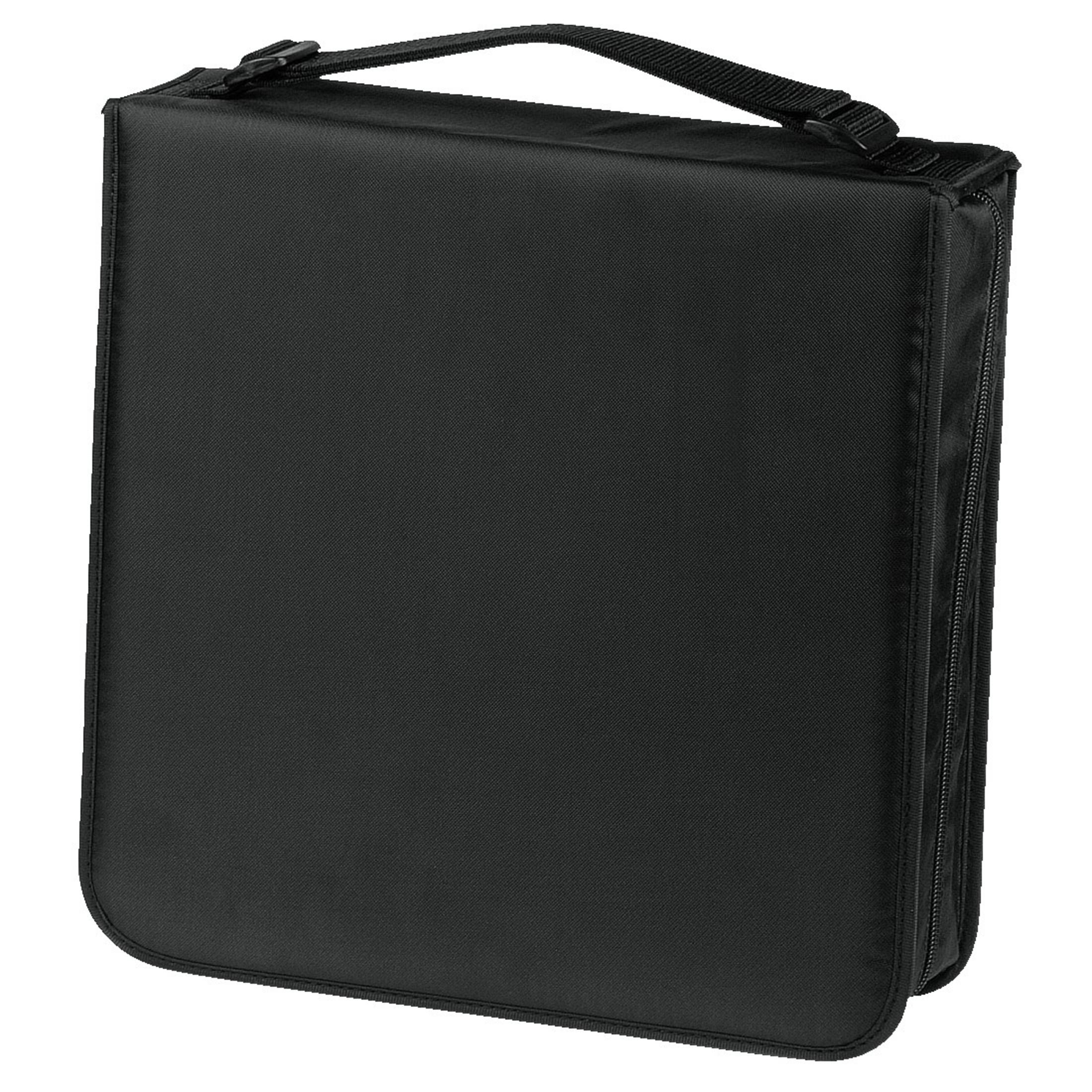 Schwarze Reißverschlusstasche mit Griff. Die Tasche ist geschlossen.