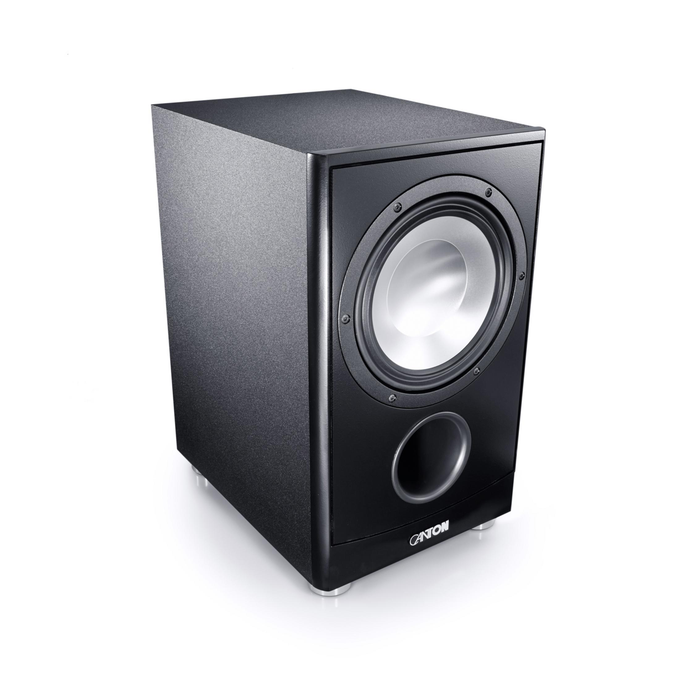 Schwarzer Subwoofer-Lautsprecher mit silbernem Lautsprecher vor weißem Hintergrund.
