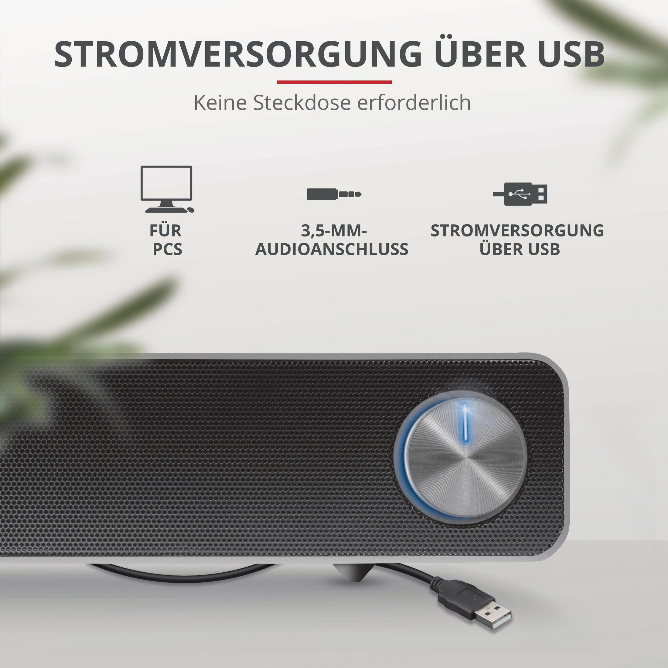 Czarny soundbar z kablem USB i ikonami dla PC, gniazda audio i zasilania USB.