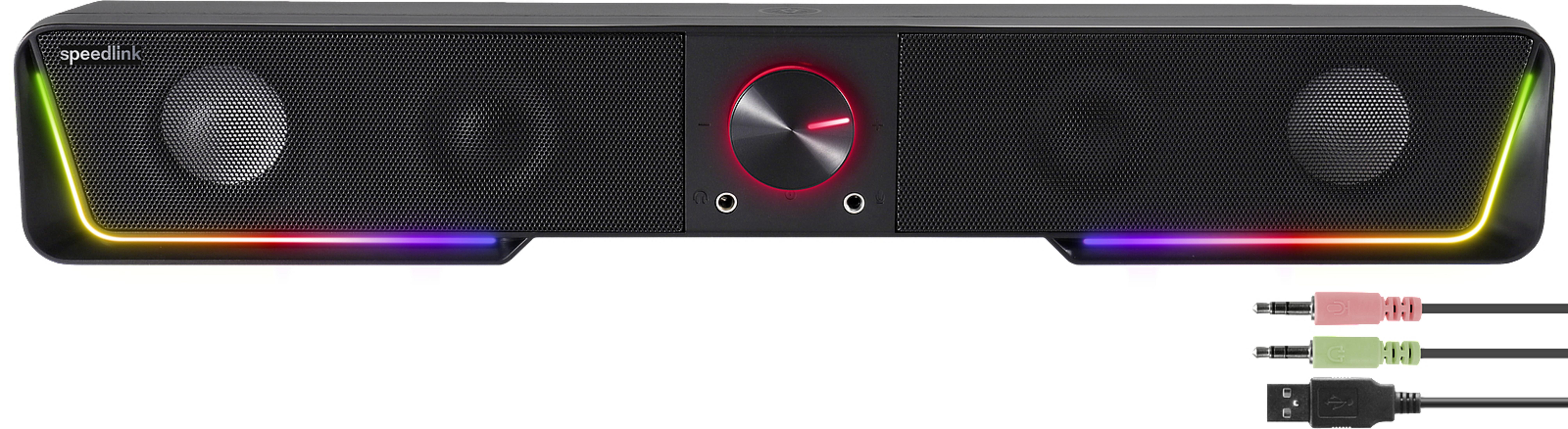 Black soundbar with speakers, volume control, and multi-colored LED lights on the front.