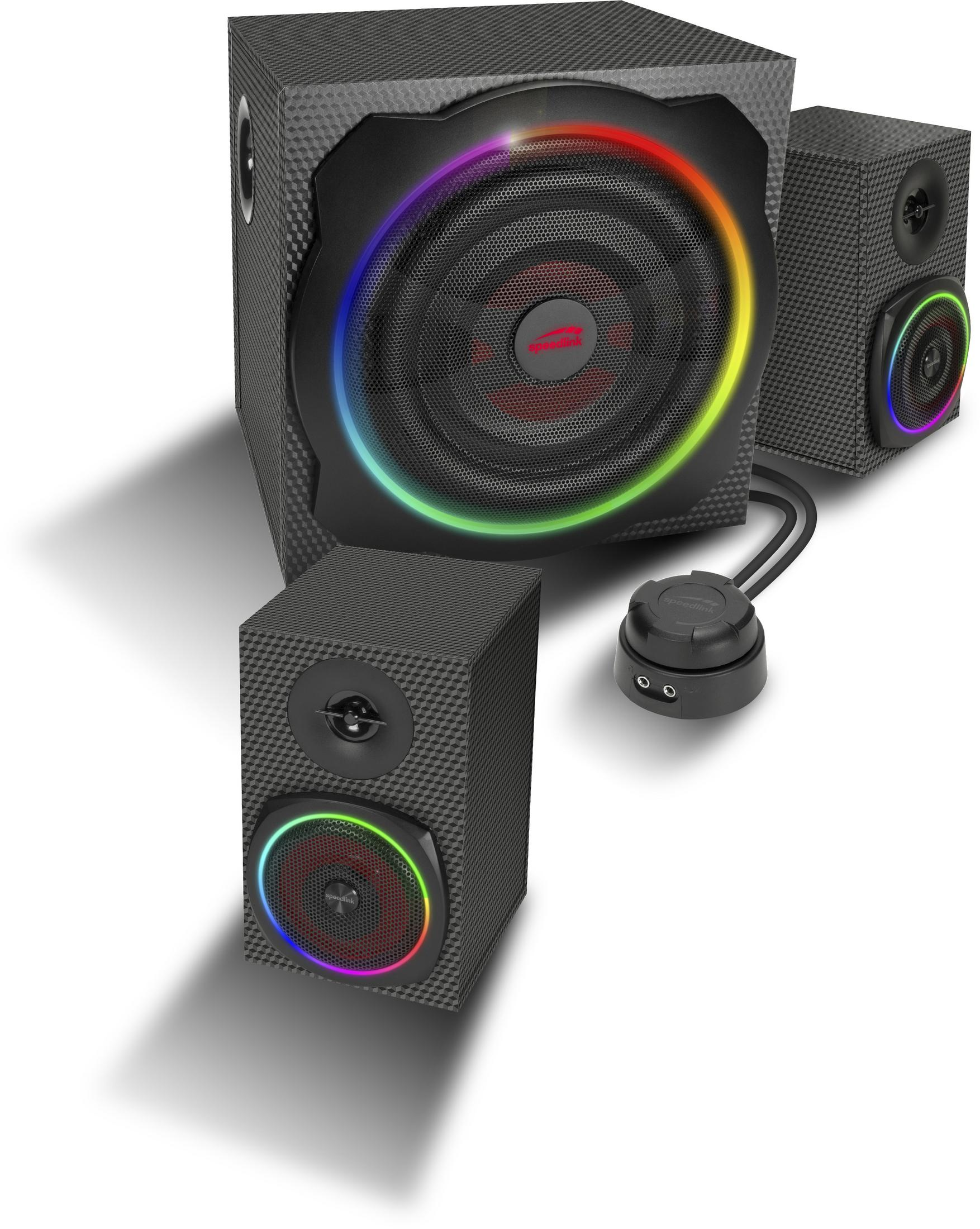 Drei schwarze Lautsprecher mit farbigen LED-Ringen und einem Bedienfeld.