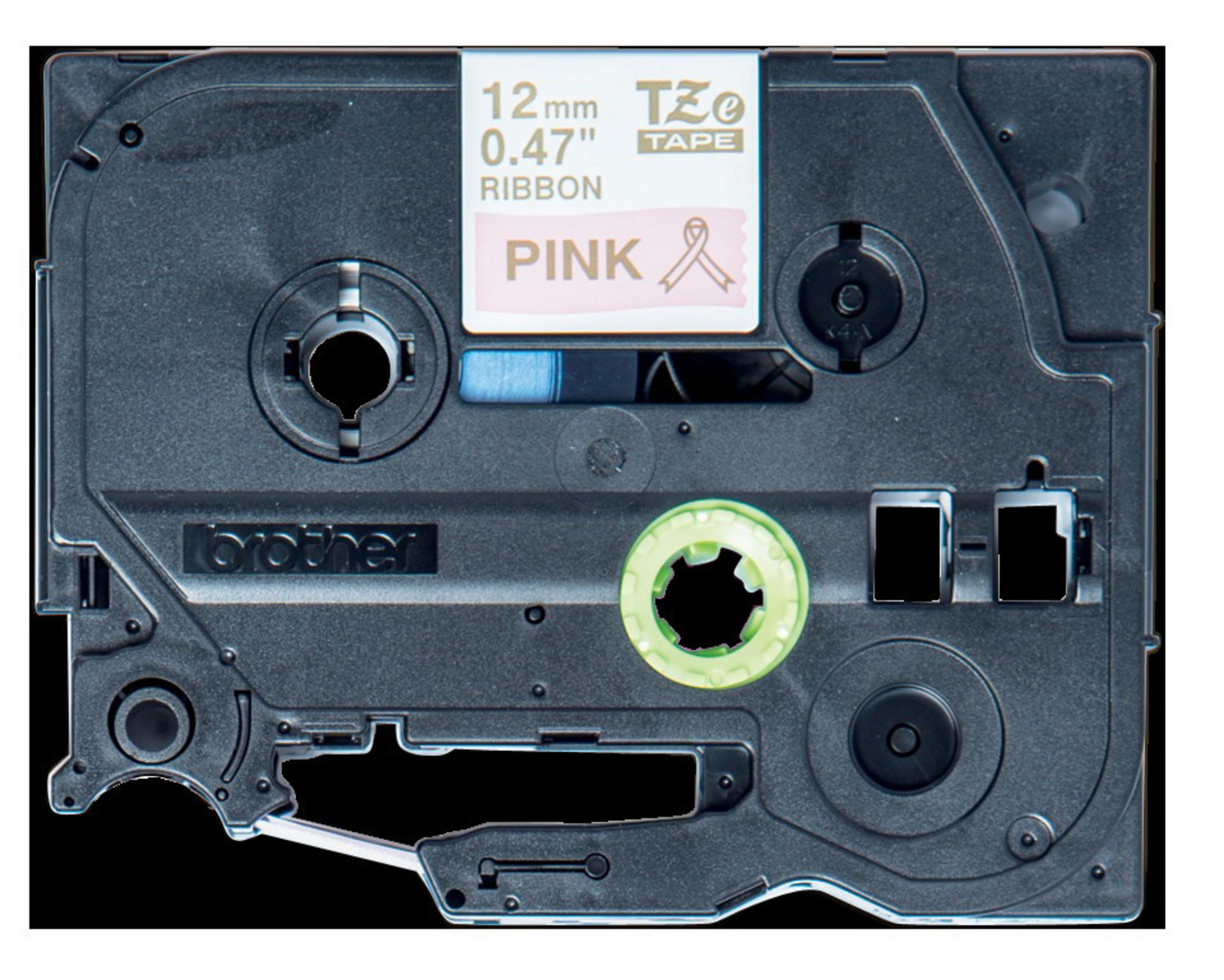 Dunkelgraues Brother-Etikettenband mit dem Text „Pink“, das die Bandbreite und die Marke auf Schwarz zeigt.