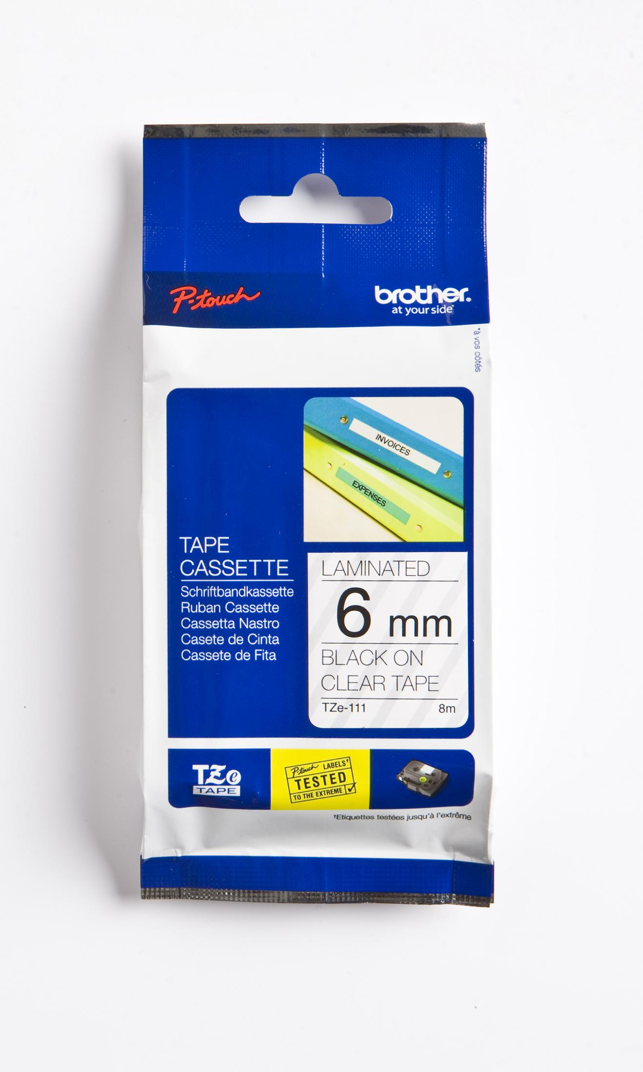 Confezione di cassette con design blu e bianco. Dice 'Tape Cassette' e '6mm black on clear tape'.