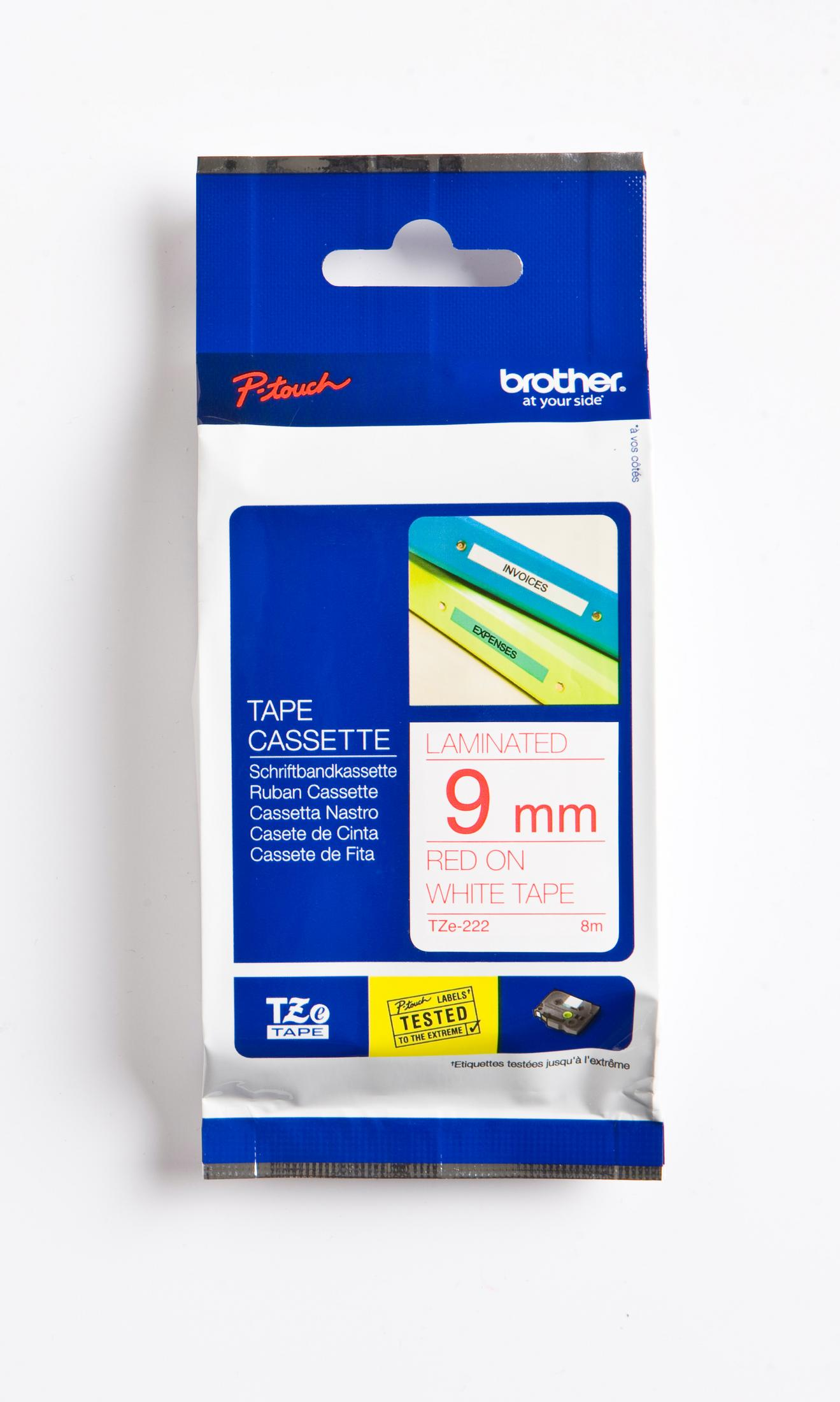 Etikettenbandkassettenverpackung mit Text und hellem blau-weißem Design.