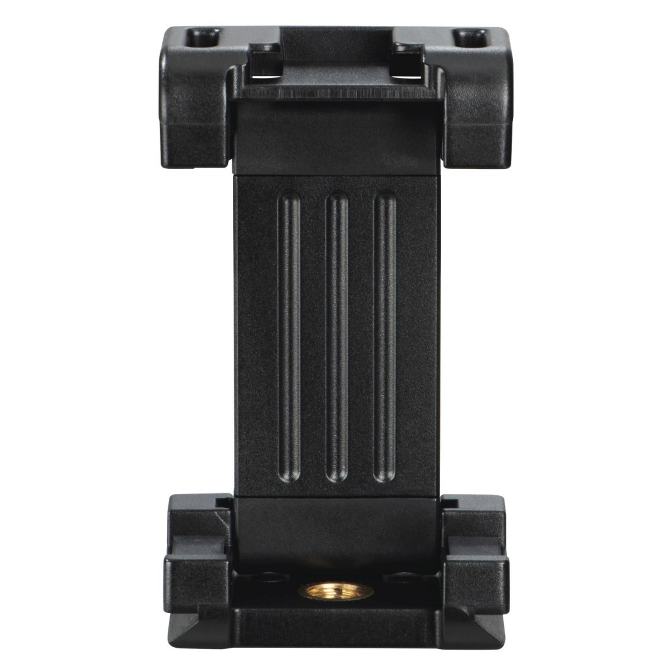 Un soporte negro para smartphone para trípode. Tiene un soporte central.
