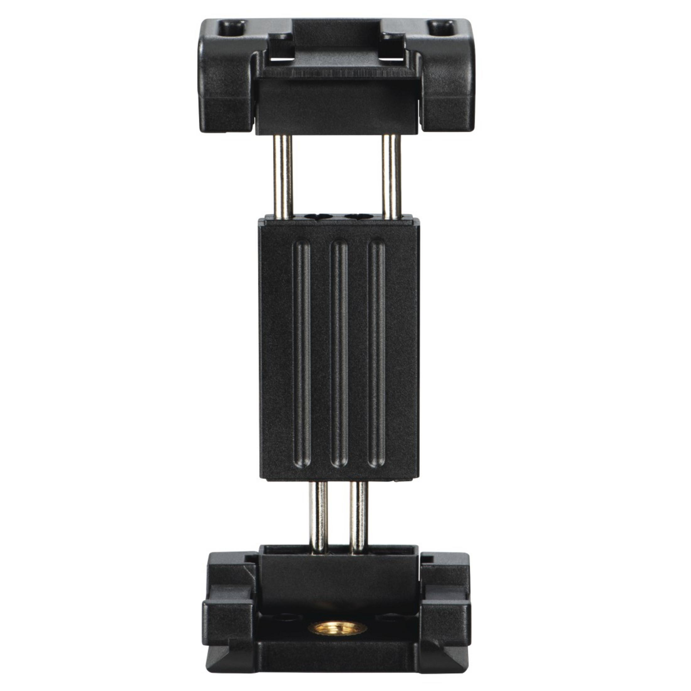 Soporte negro para teléfono inteligente, con partes ajustables y fondo blanco.