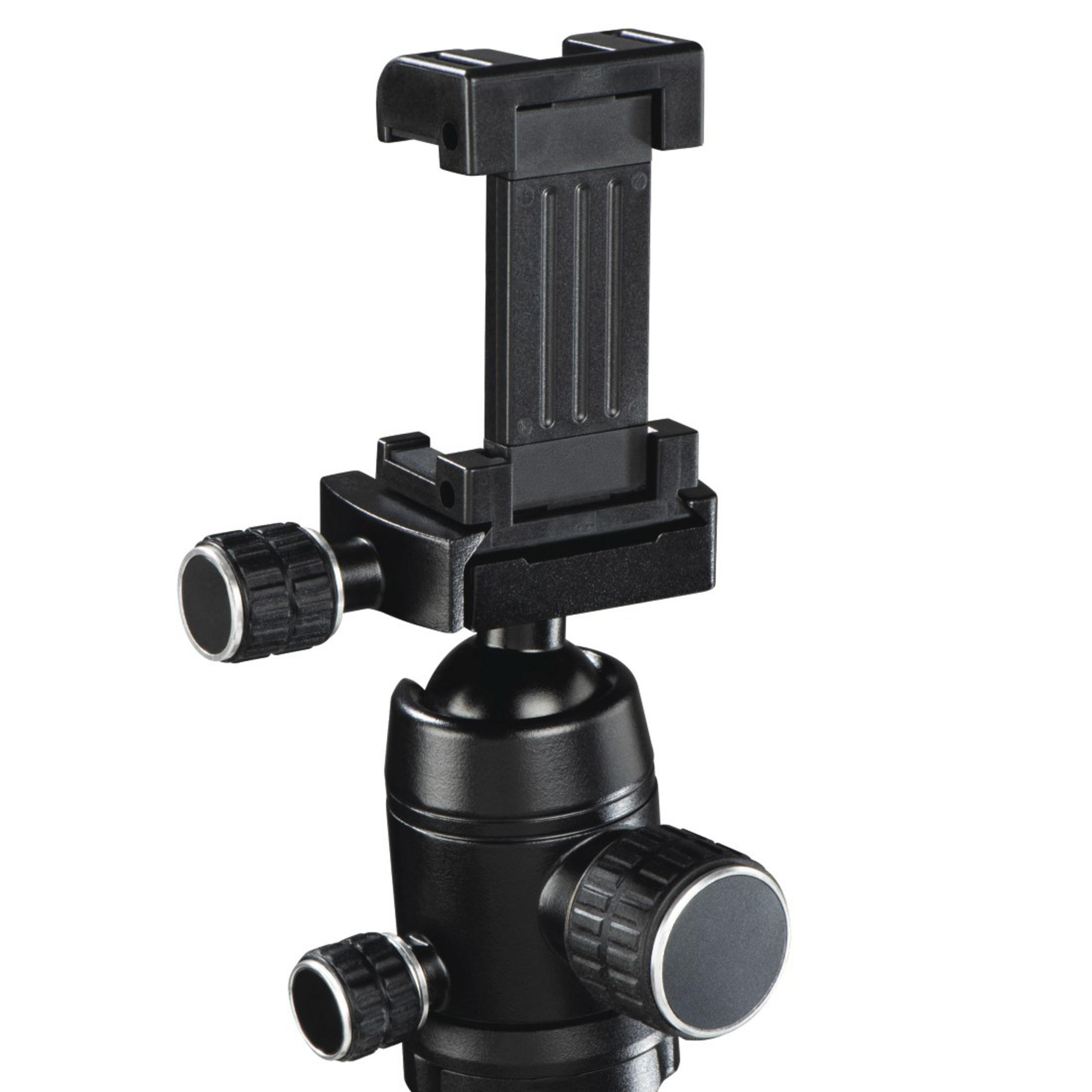Cabezal de trípode negro con soporte para teléfono.