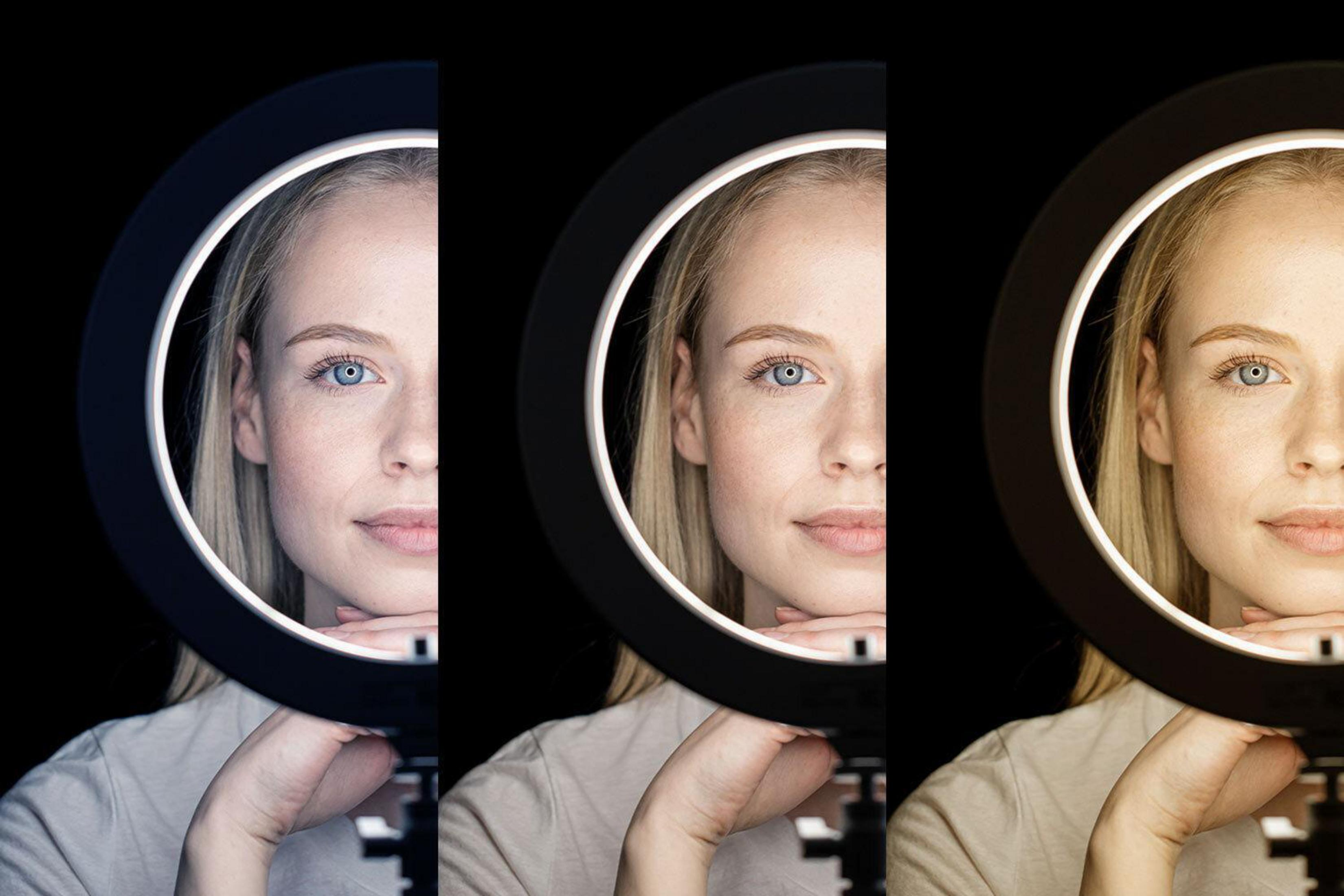 Das Gesicht einer Frau wird von einem Ringlicht beleuchtet. Drei Bilder mit unterschiedlichen Lichteinstellungen.
