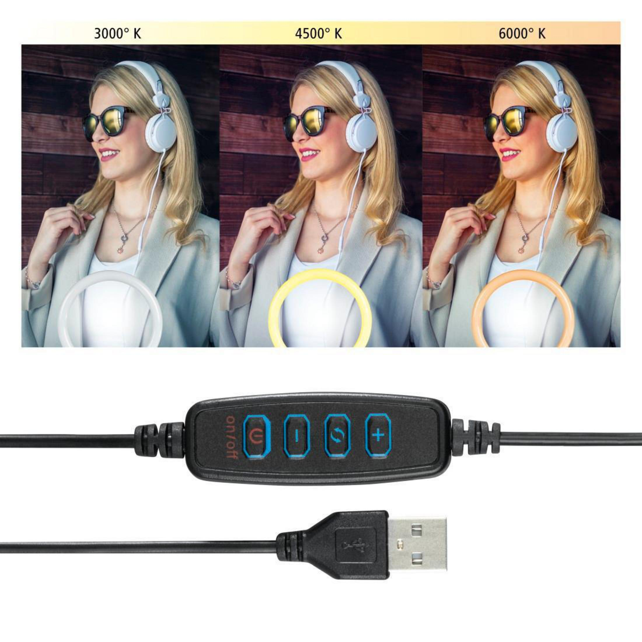 Kobieta w słuchawkach i okularach przeciwsłonecznych z trzema ustawieniami światła. Poniżej panel sterowania i kabel USB.