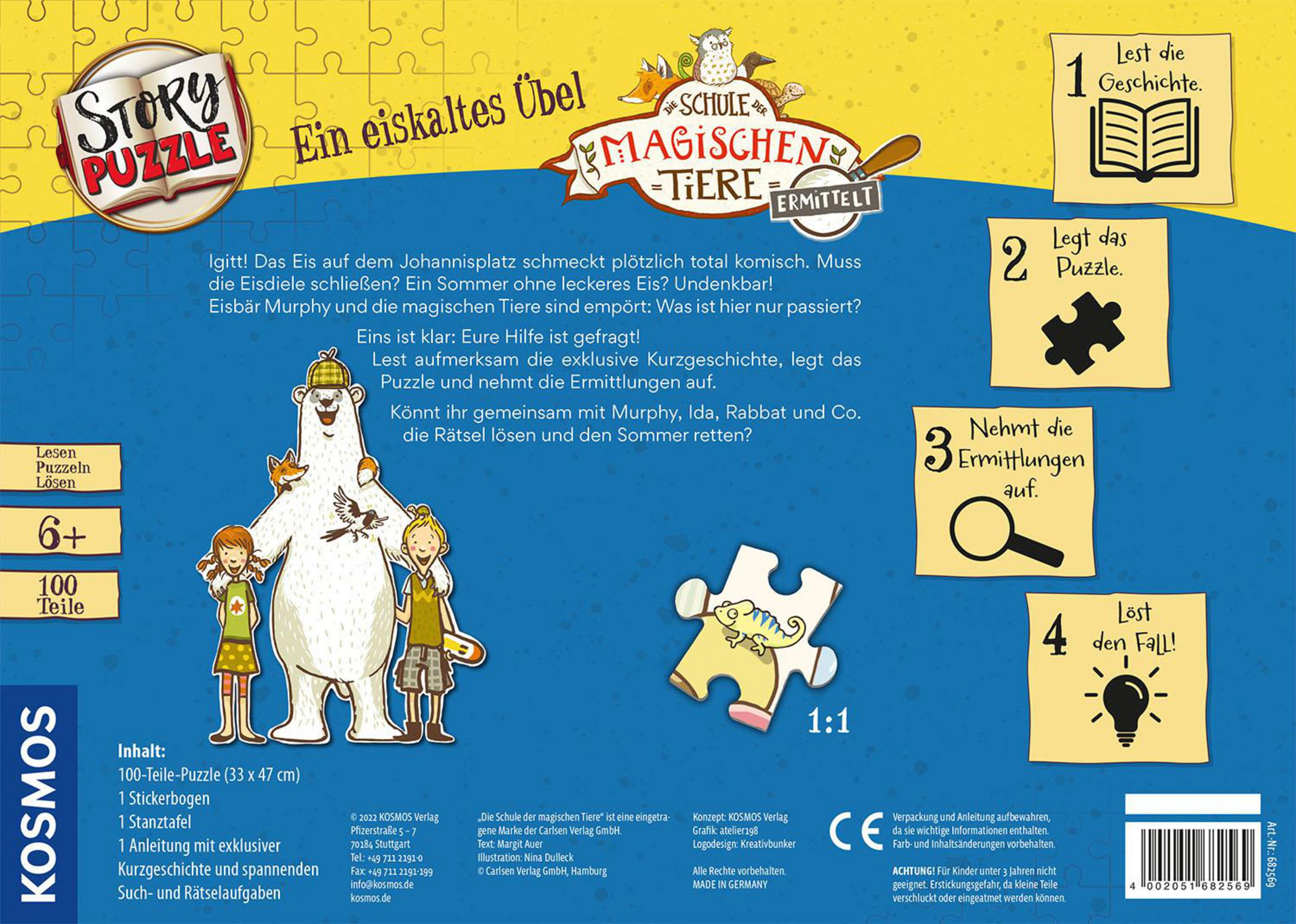 Rückseite der Puzzlebox mit Bildern eines Puzzles und Figuren, Text auf Deutsch, blauer Hintergrund.