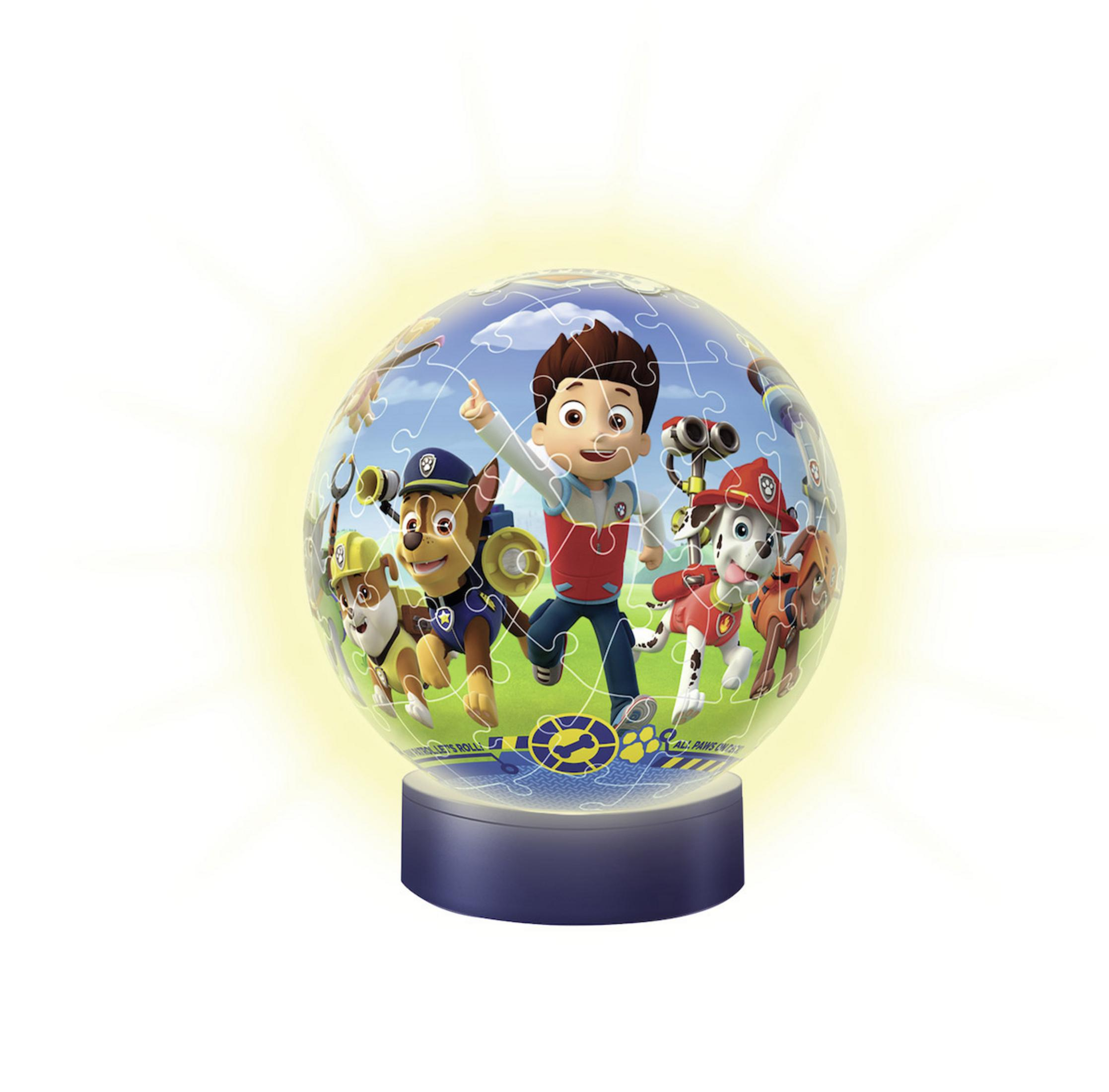 Ein Paw Patrol Puzzle Globus leuchtet, mit Charakteren und einer blauen Basis.