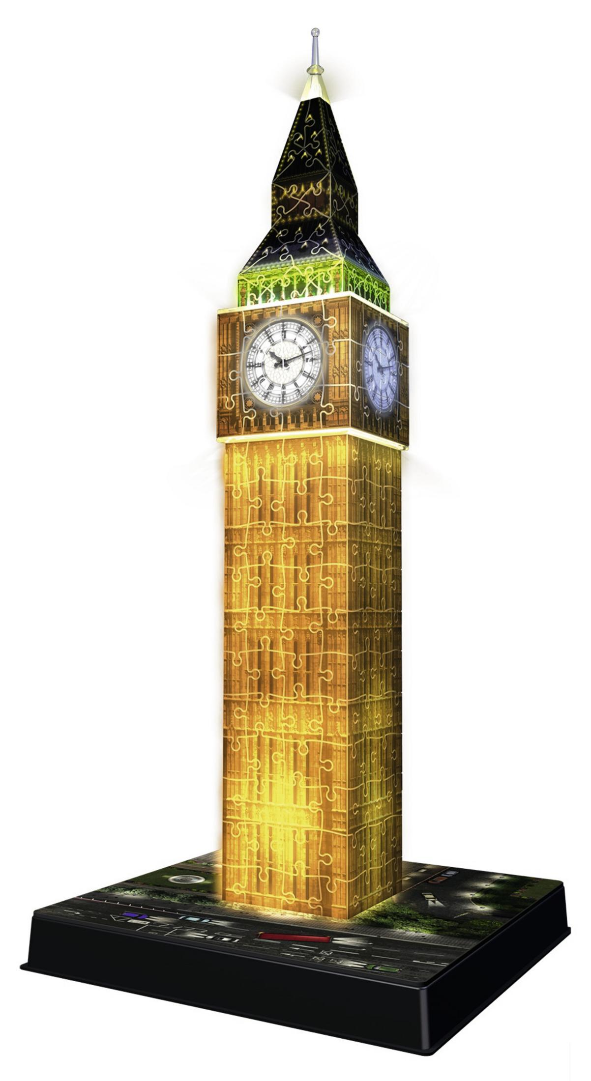 Model układanki Big Ben, wykonany z zazębiających się elementów, na czarnej podstawie.