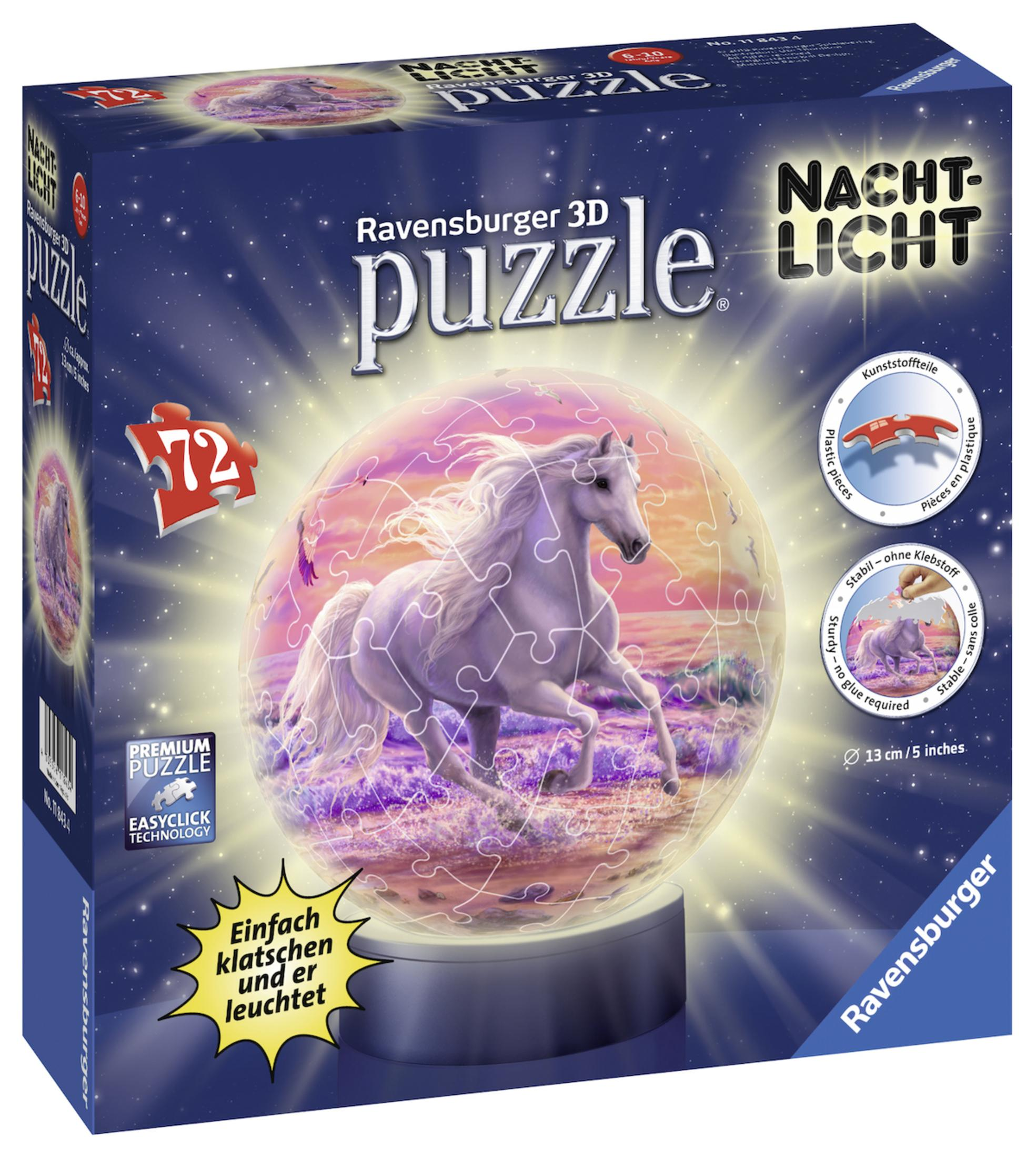 3D-Puzzlebox mit Einhorn in Kugel. Nachtlichtfunktion. Bunt.