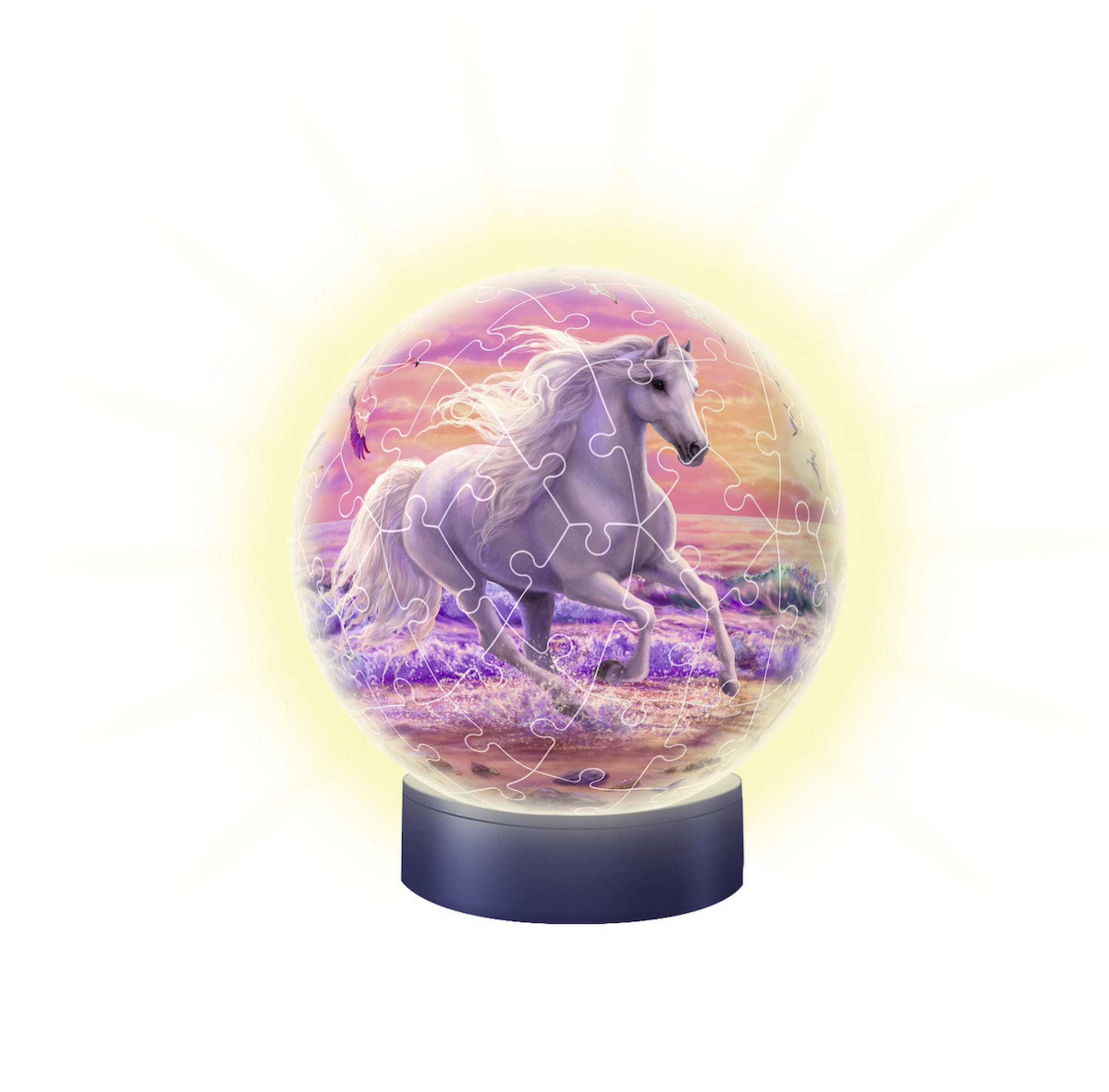 Ein Pferdepuzzle in einer Kristallkugel, mit Licht, das es umgibt.