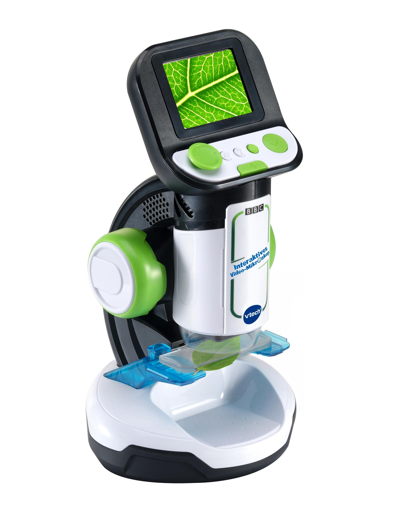 Das Bild zeigt ein interaktives Video-Mikroskop von VTech mit einem Blatt auf dem Bildschirm und einem weißen Hintergrund.