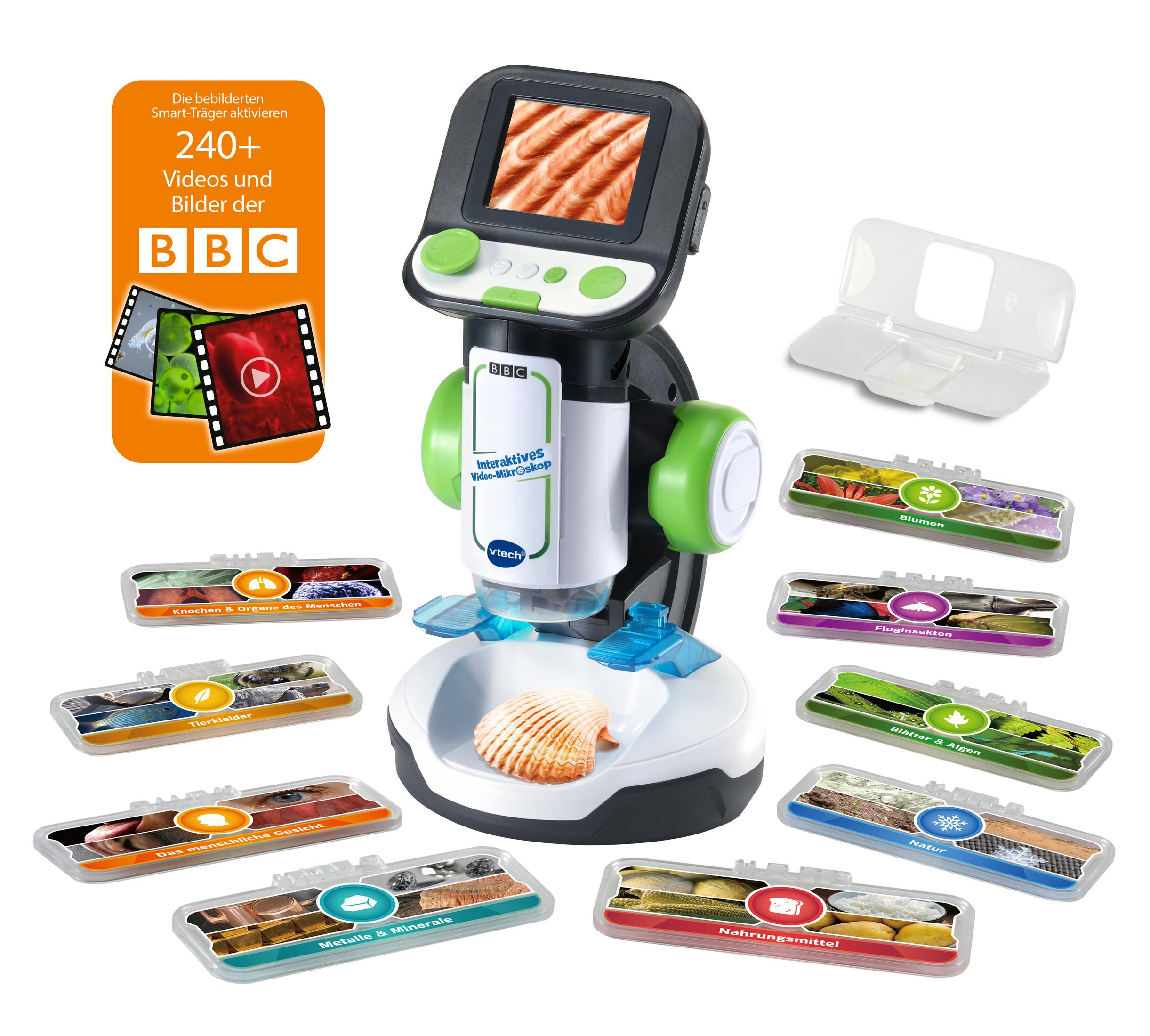 Das Bild zeigt ein interaktives Video-Mikroskop von VTech mit verschiedenen Objektträgern und einer Muschel auf weißem Hintergrund.