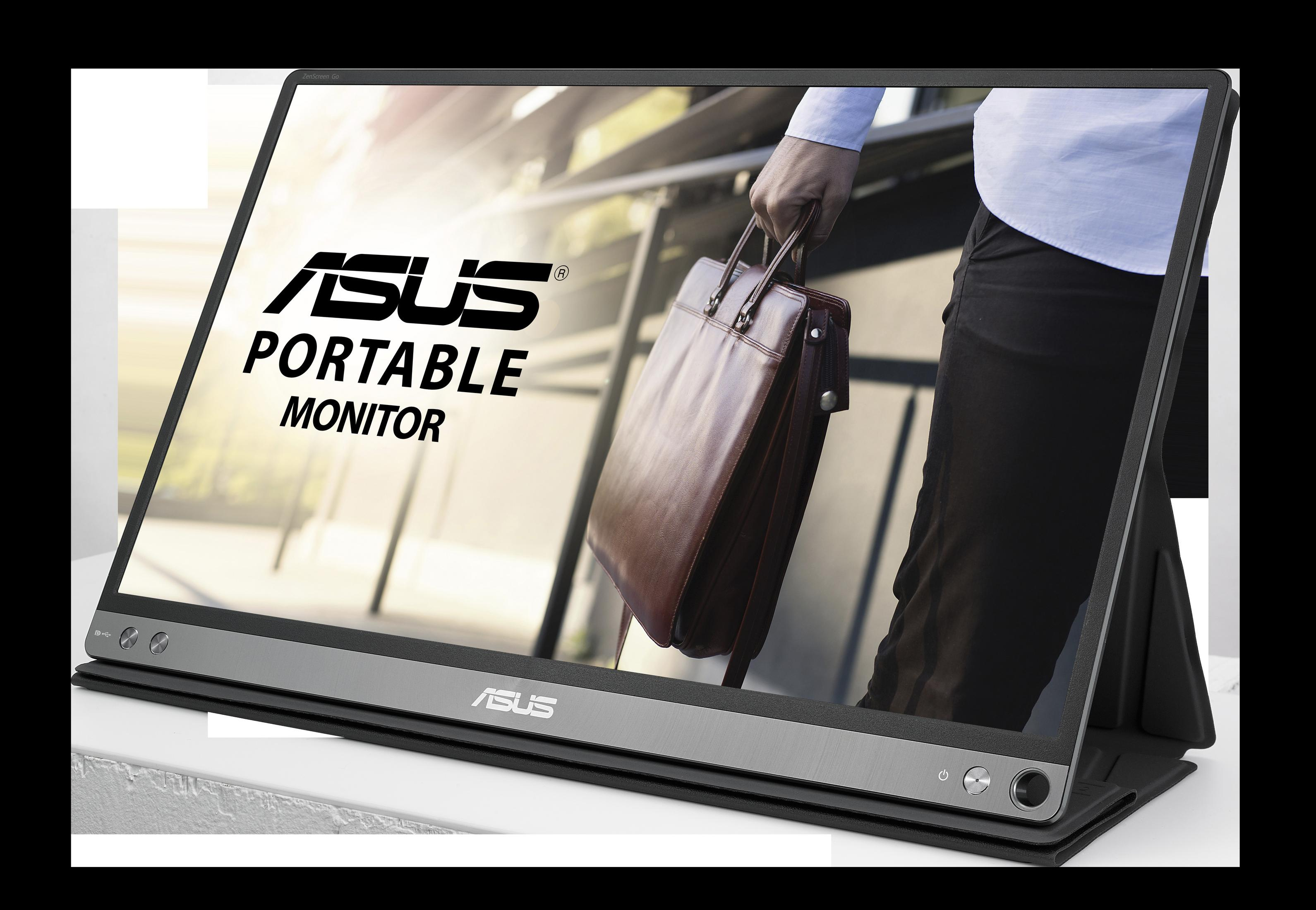 Monitor portatile. Un monitor Asus su una scrivania, con una persona che tiene una valigetta sullo sfondo.