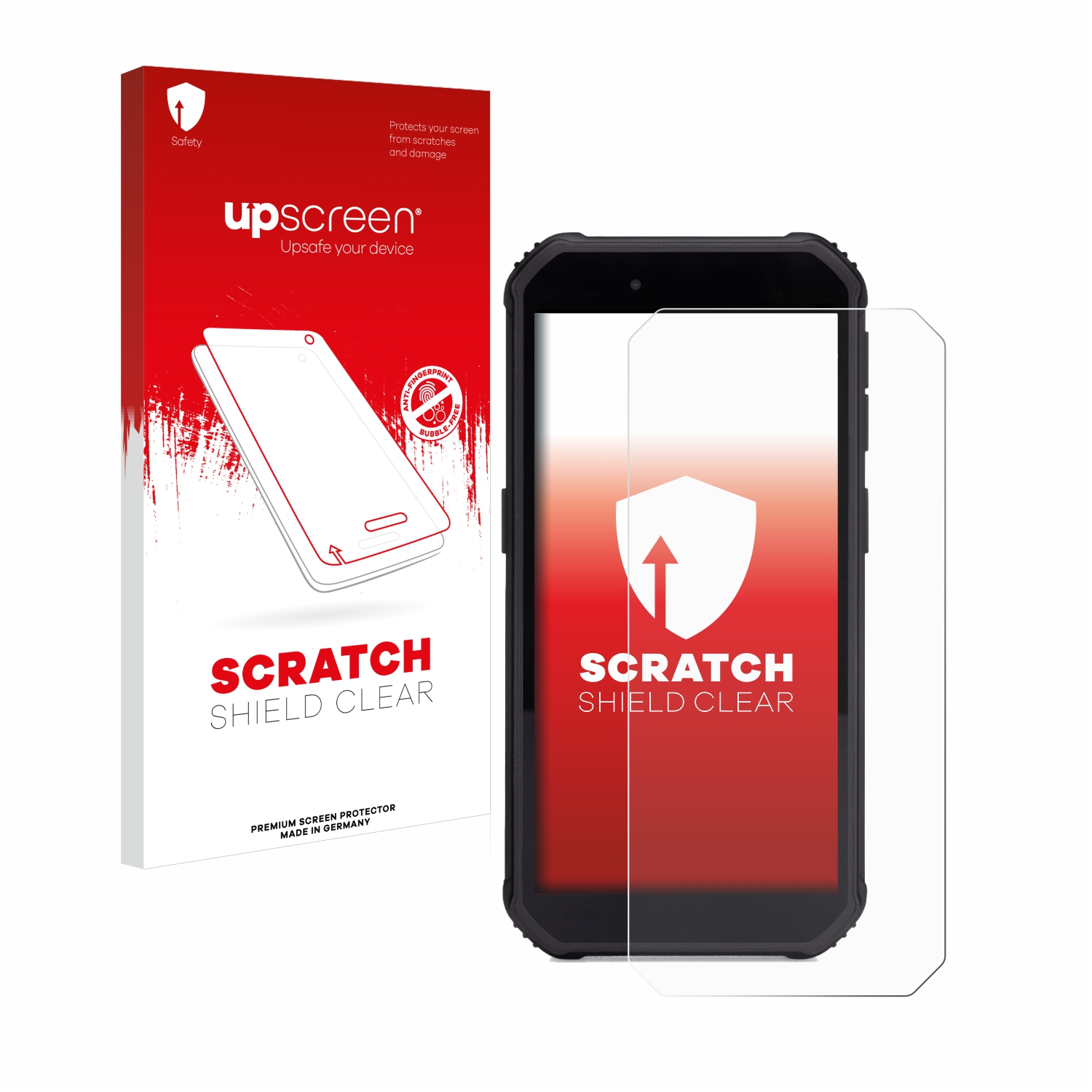 Upscreen Scratch Shield Clear Displayschutz auf einem Telefon und einer Box. Der Hintergrund ist weiß.