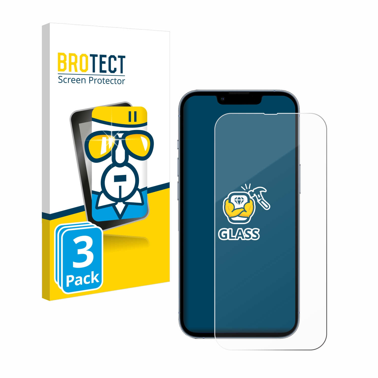 Smartphone mit Displayschutz und Box. Box hat Text "3er Pack" und zeigt Telefonbildschirm mit Schutz.