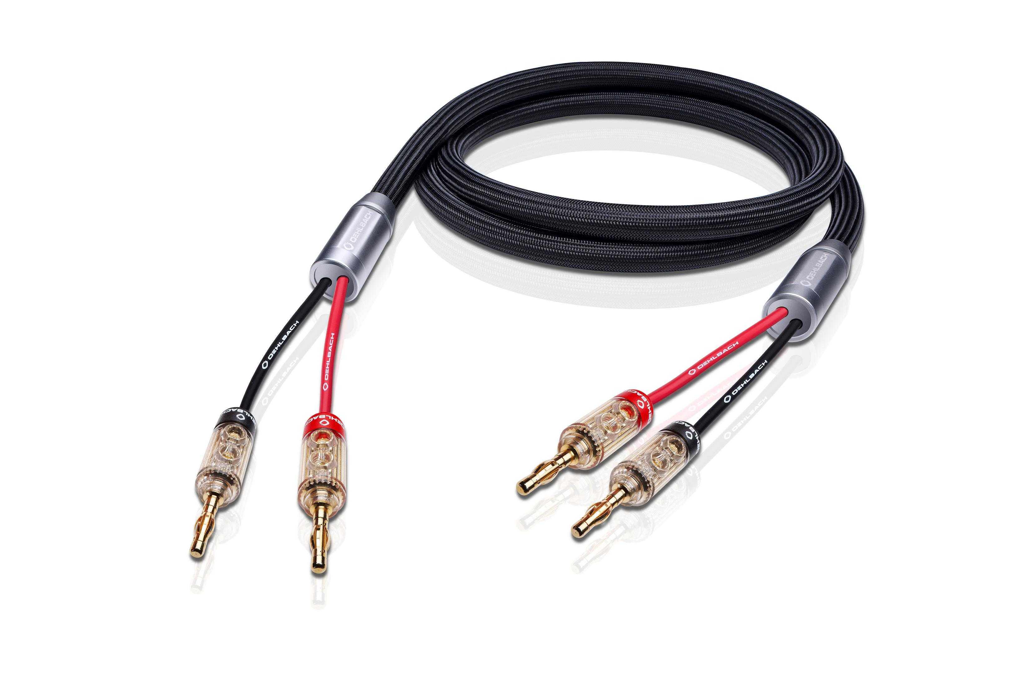 Zwei Lautsprecherkabel, schwarz geflochten. Jedes Ende hat goldene Stecker und klaren Kunststoff.