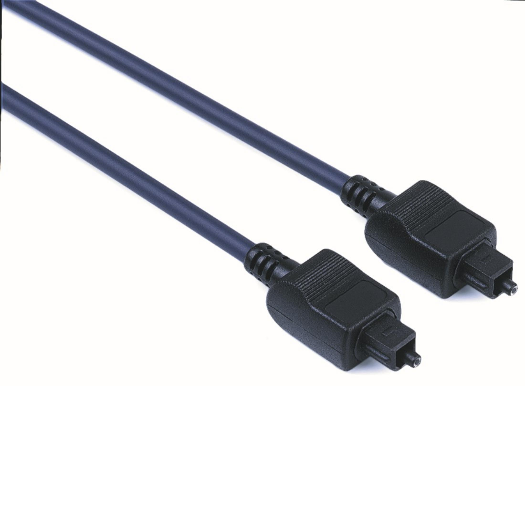 Twee zwarte optische audiokabels met zwarte connectoren op een witte achtergrond.