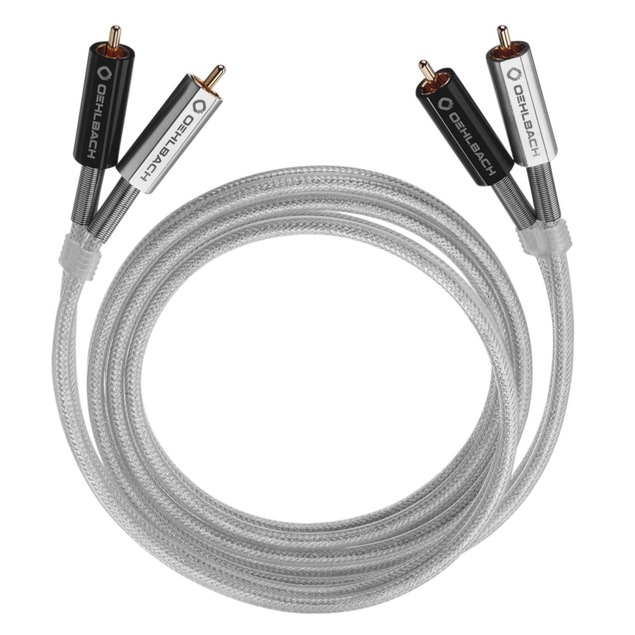 Silberne und schwarze Audiokabel mit Oehlbach-Logo und transparentem Kabel.