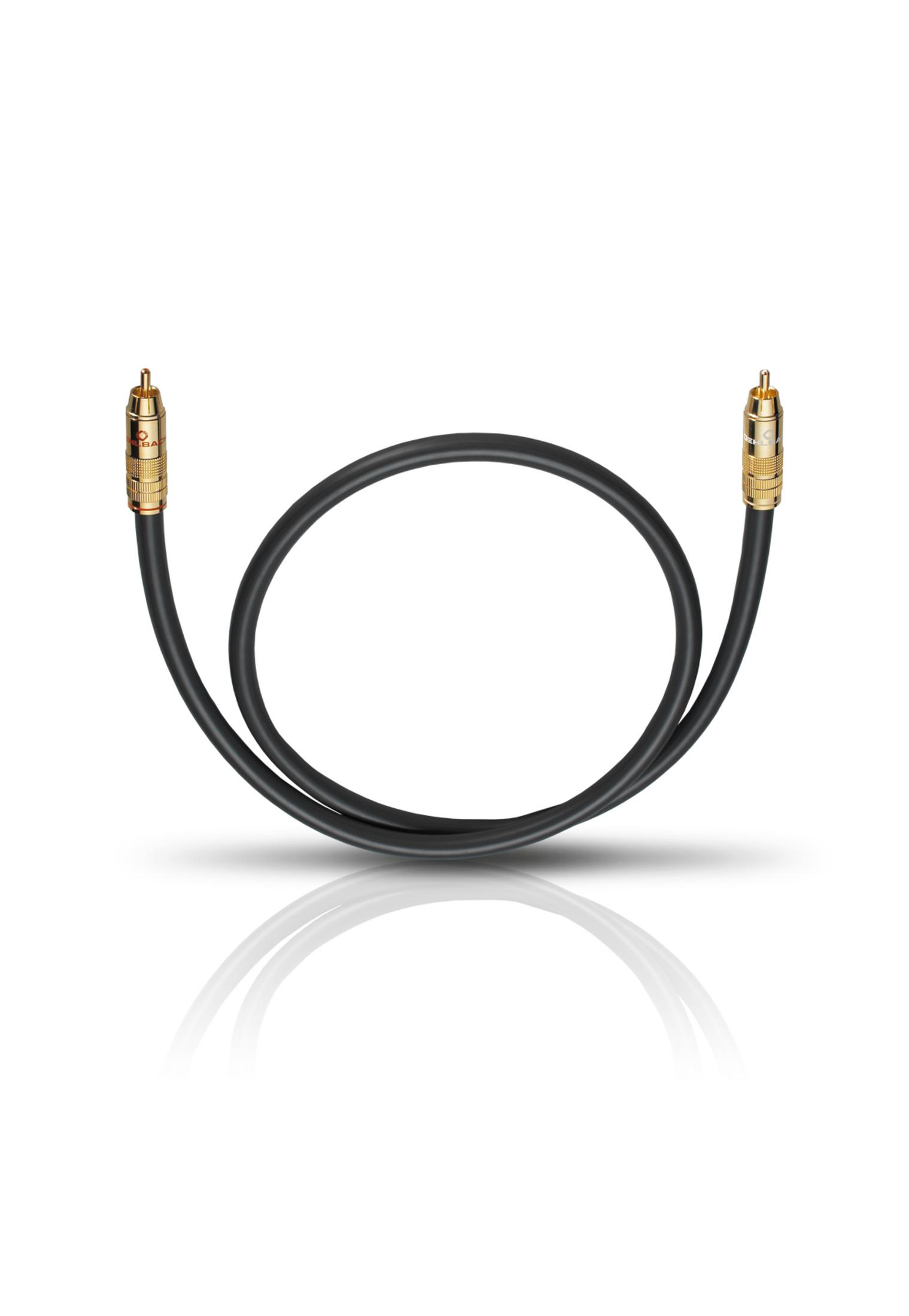 Cinch-Kabel. Schwarzes Kabel mit Goldsteckern. Auf weißer Oberfläche reflektiert. Goldene Stecker.