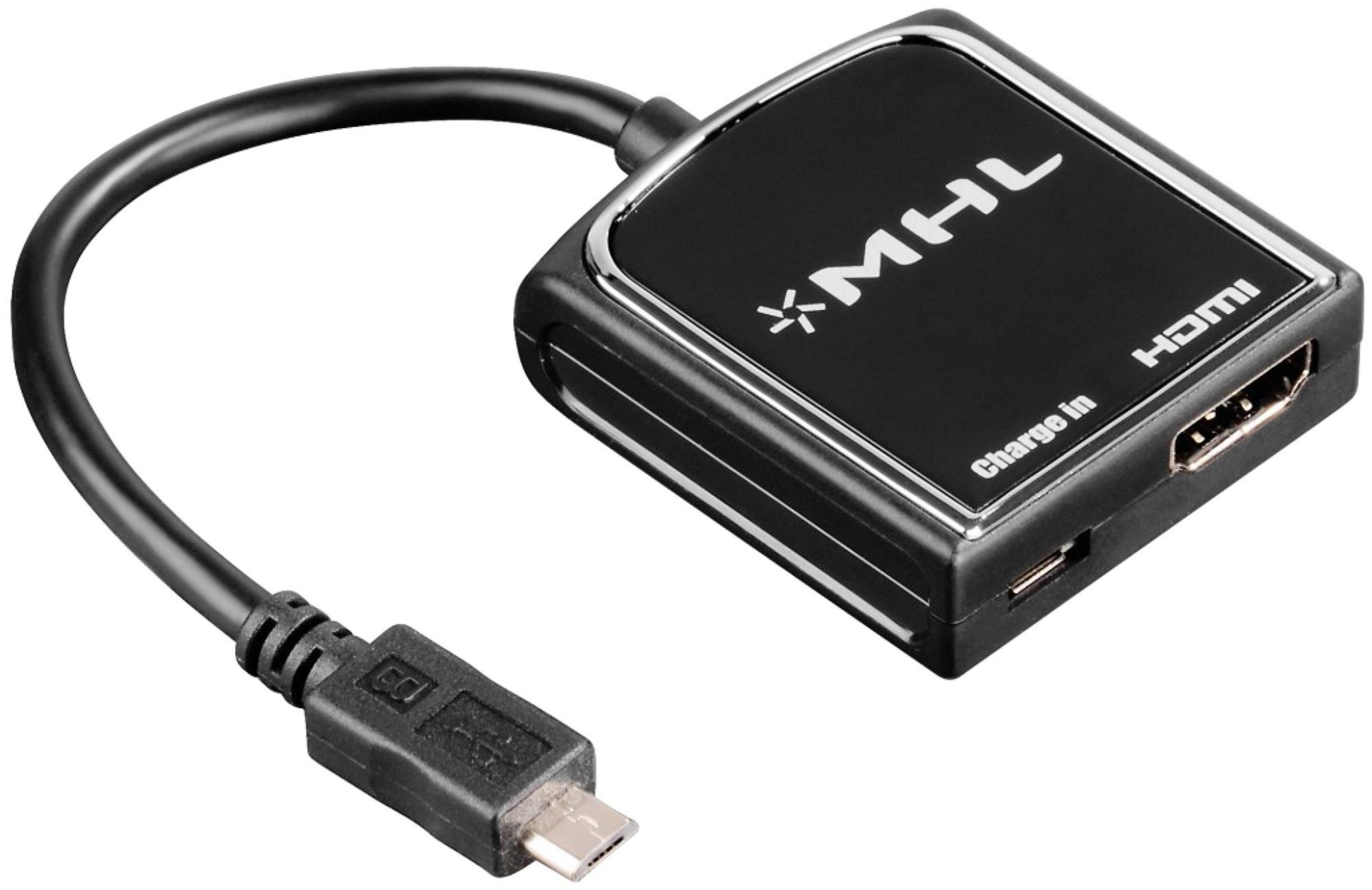 Adaptador MHL a HDMI negro con puertos USB y HDMI, etiqueta 'Charge in'.