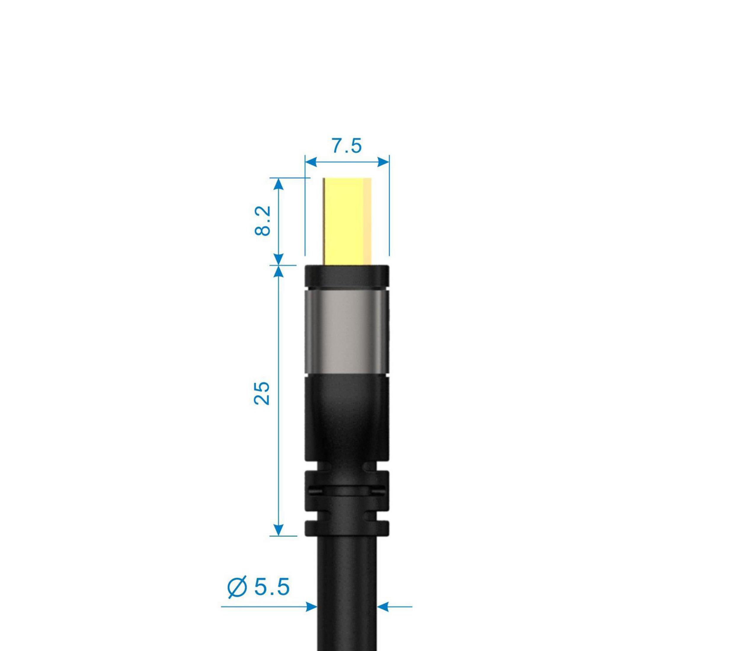 Nahaufnahme eines Kabels mit Stecker. Abmessungen des Steckers werden ebenfalls angezeigt.