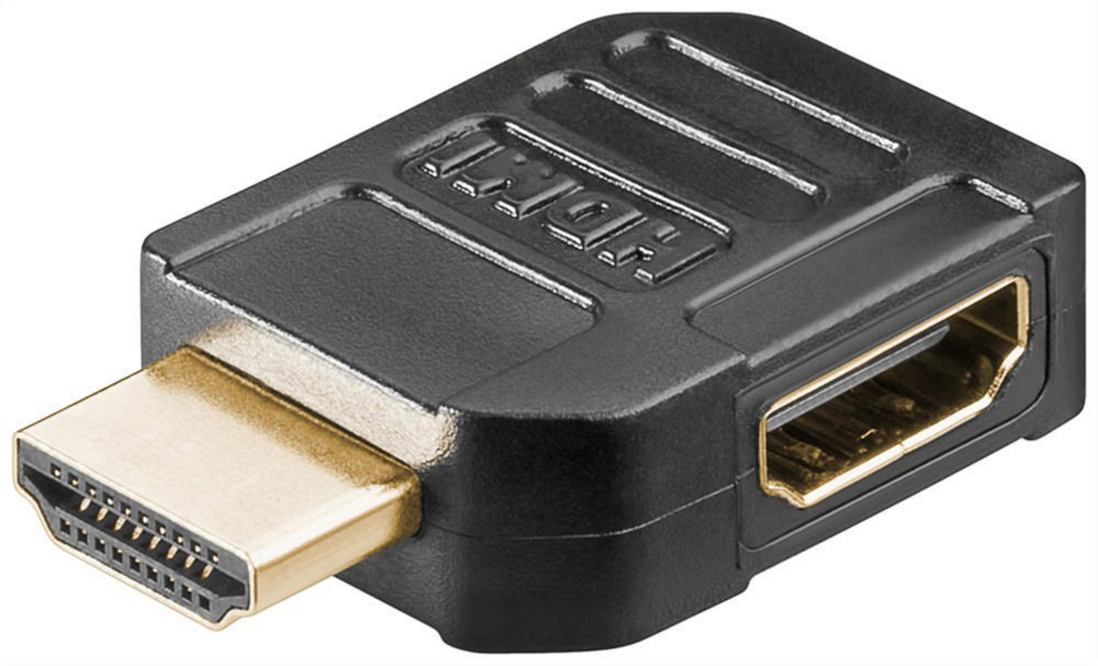 Schwarzer HDMI-Adapter. Eine Seite ist ein HDMI-Stecker, die andere ist eine HDMI-Buchse.