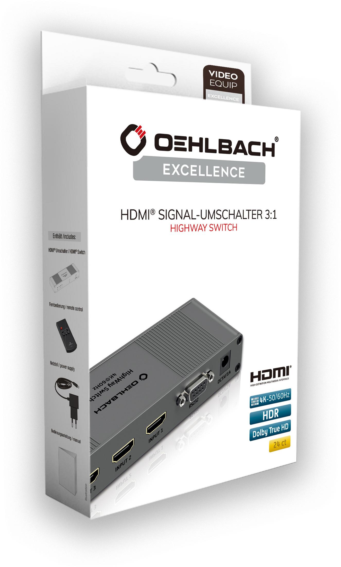 Eine weiße Box mit einem Produktbild eines HDMI-Signalumschalters. Die Box enthält Produktinformationen und Details.