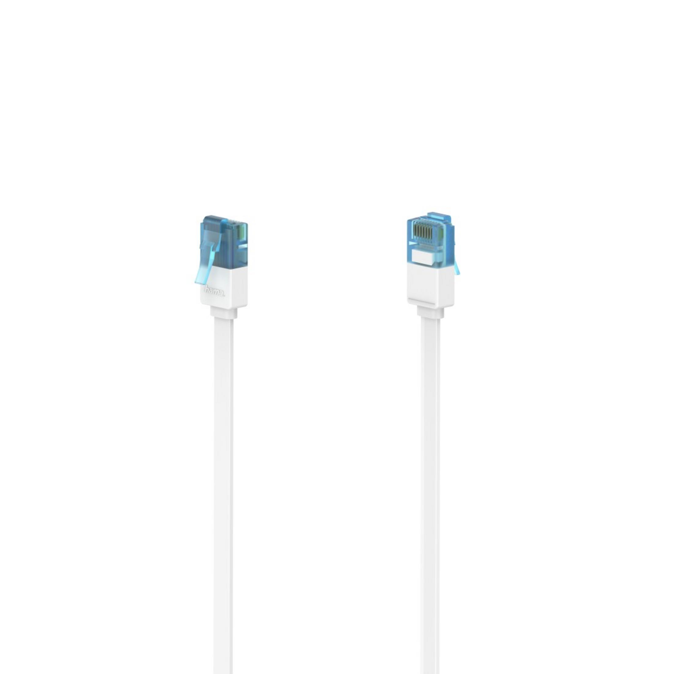 Cavo Ethernet bianco con connettori blu. Sfondo bianco.