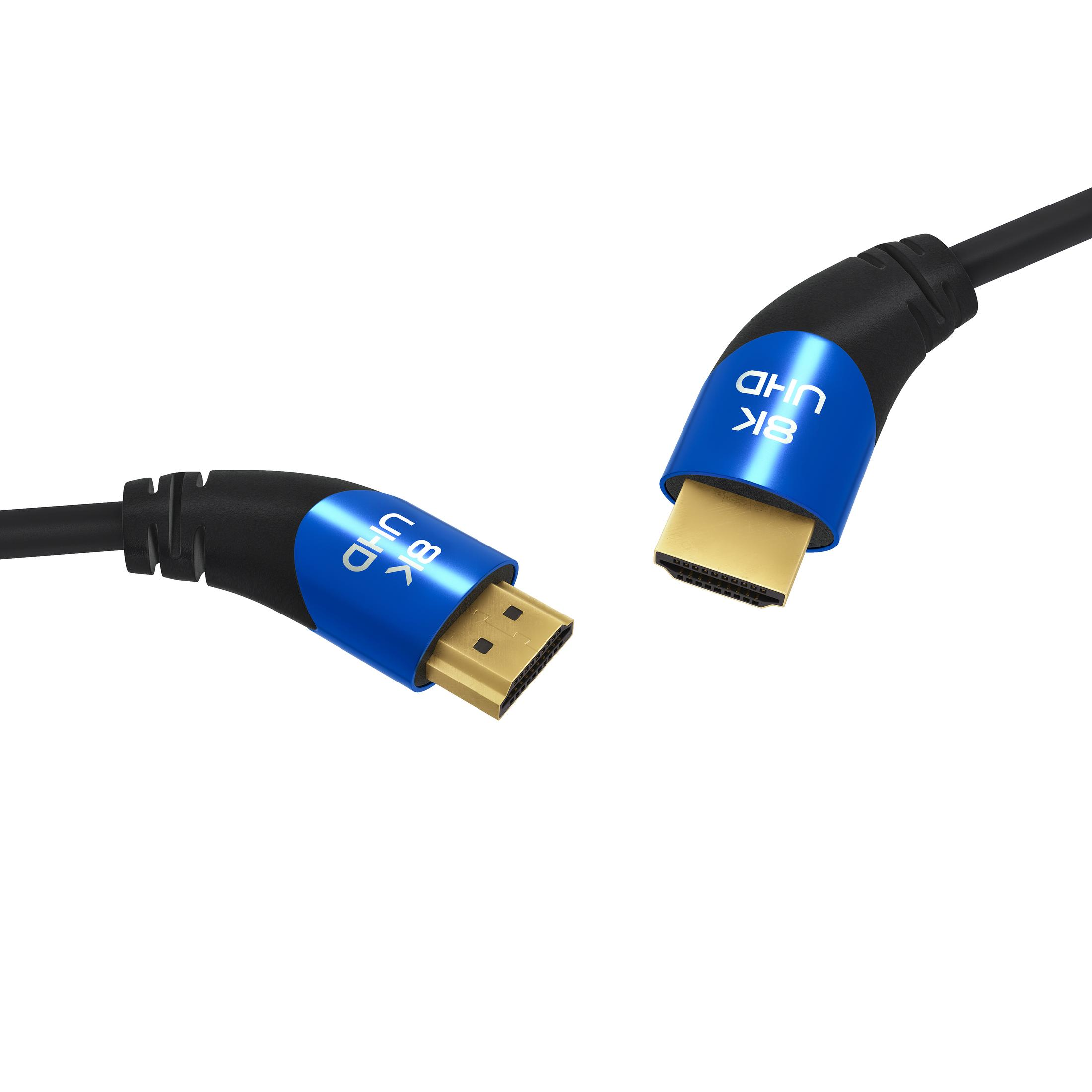 Zwei schwarze und blaue HDMI-Kabel mit goldenen Steckern, markiert '8K UHD'.