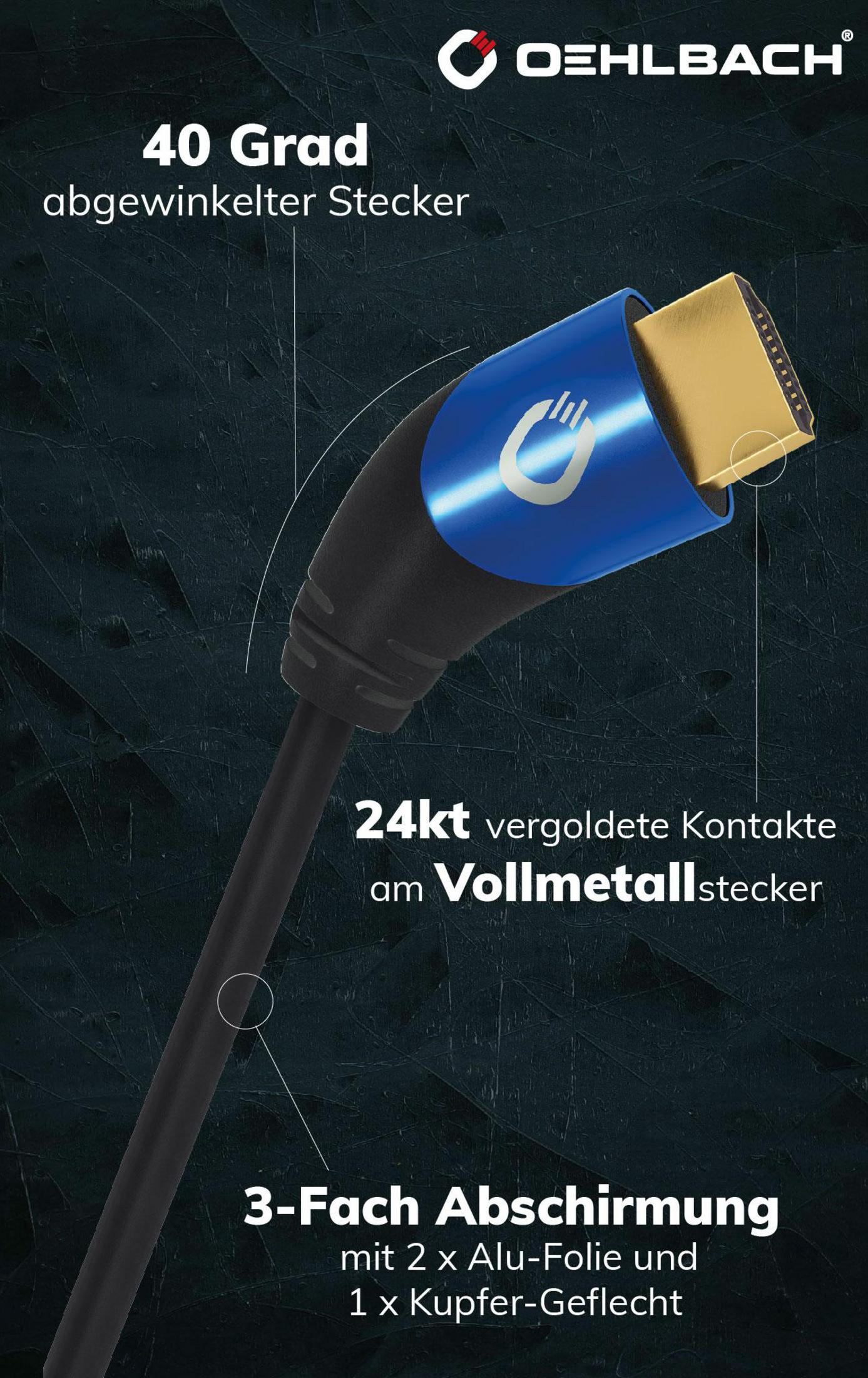 HDMI-Kabel mit blauen und schwarzen Akzenten. Text zeigt 24k Goldkontakte und 3-fach Abschirmung.