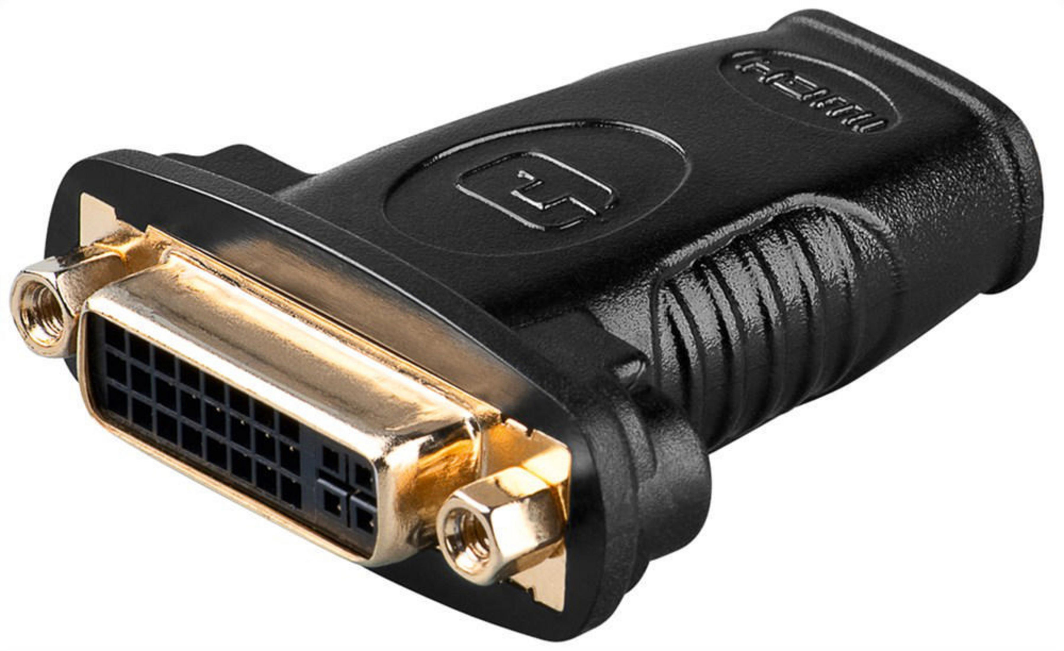 Adattatore da DVI a HDMI nero con connettori placcati oro su sfondo bianco.