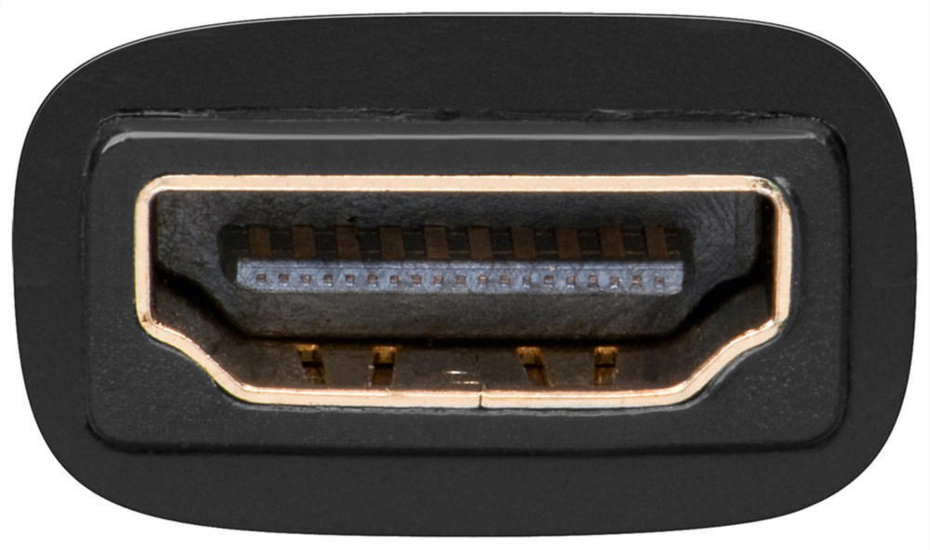 Primo piano di un connettore HDMI nero, con interno dorato.