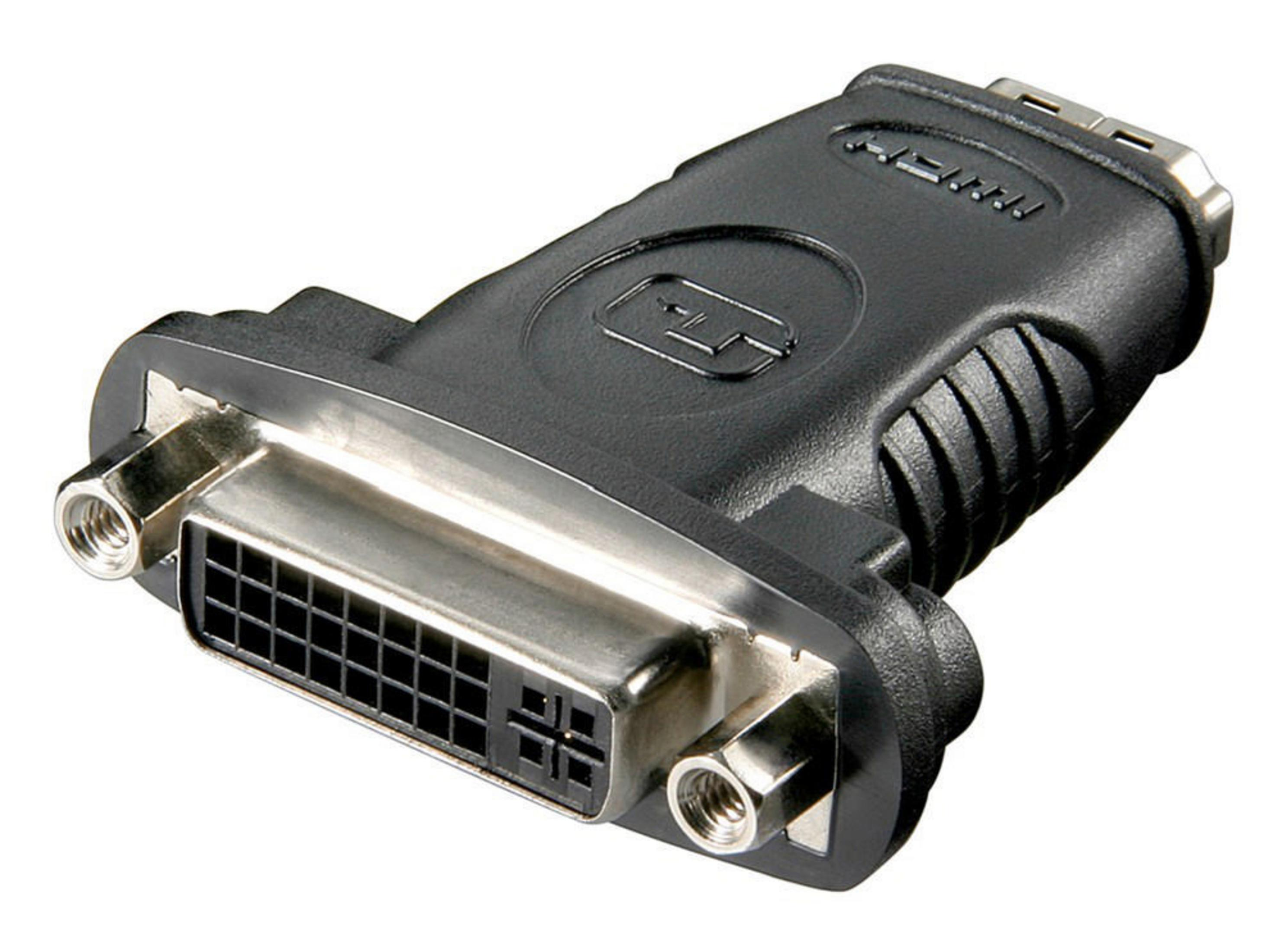 Ein schwarzer HDMI-zu-DVI-Adapter. Er ist schwarz mit silbernen Enden.