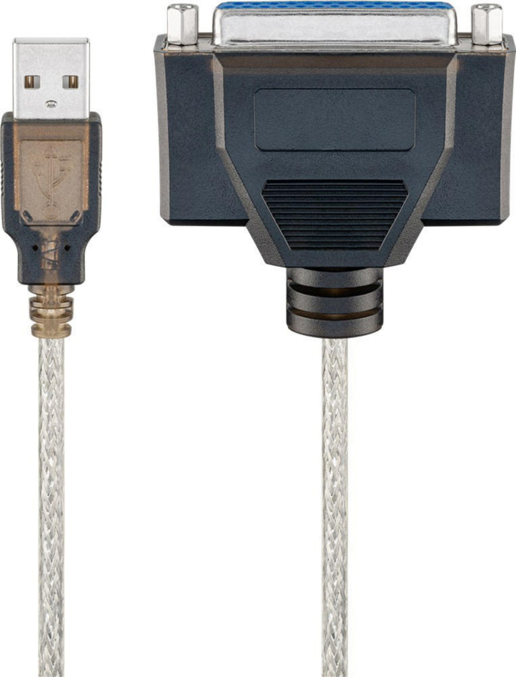 USB-Kabel mit einem USB-A-Anschluss an einem Ende und einem Parallelport-Anschluss am anderen.