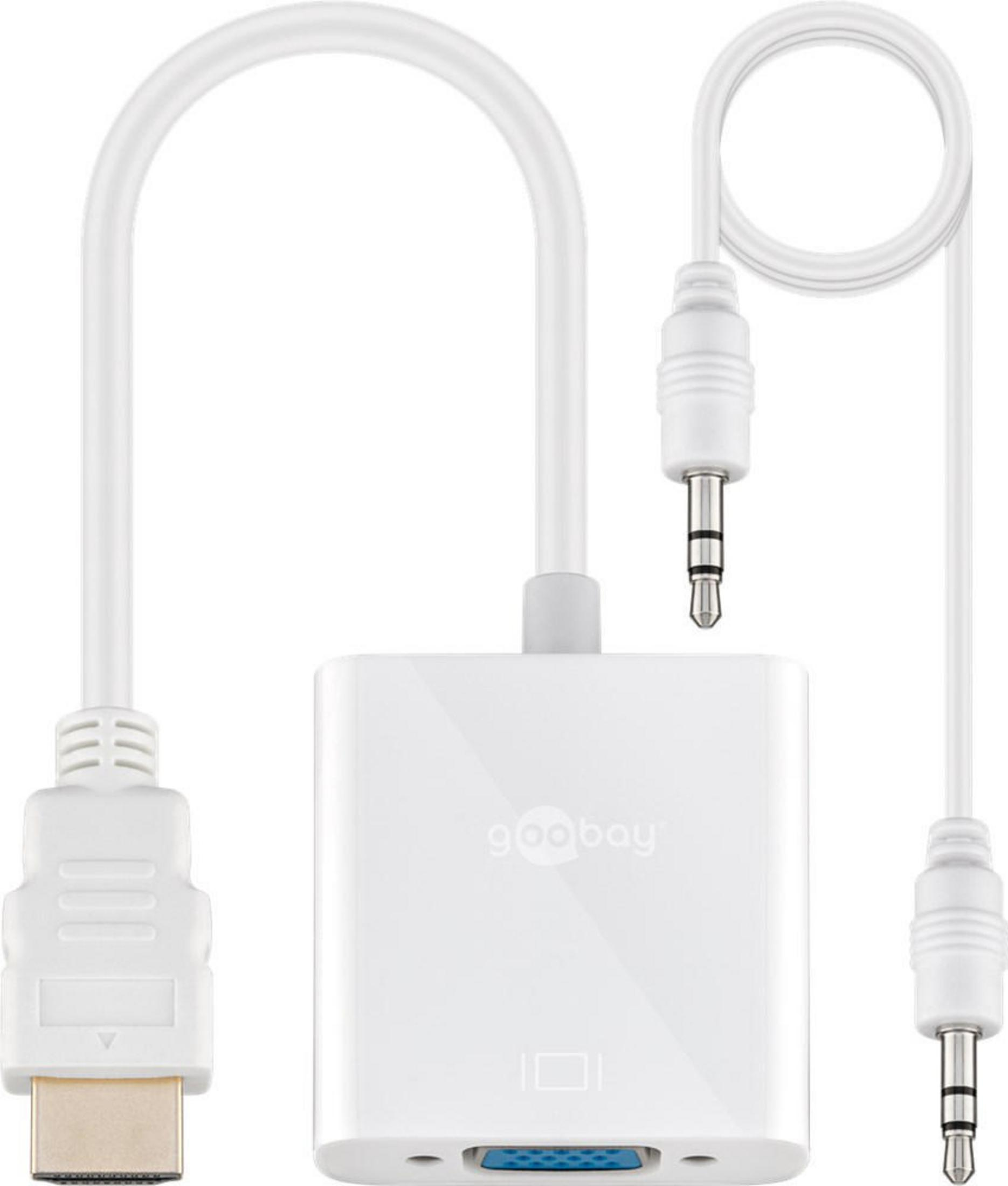 Biały adapter z wejściami HDMI, VGA i audio.