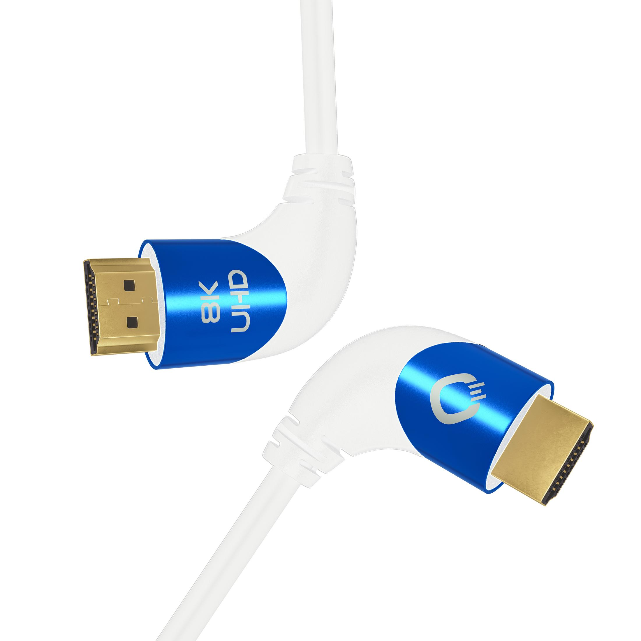 Zwei HDMI-Kabel mit blau-weißen Steckern, beschriftet mit 8K UHD. Weißer Hintergrund.