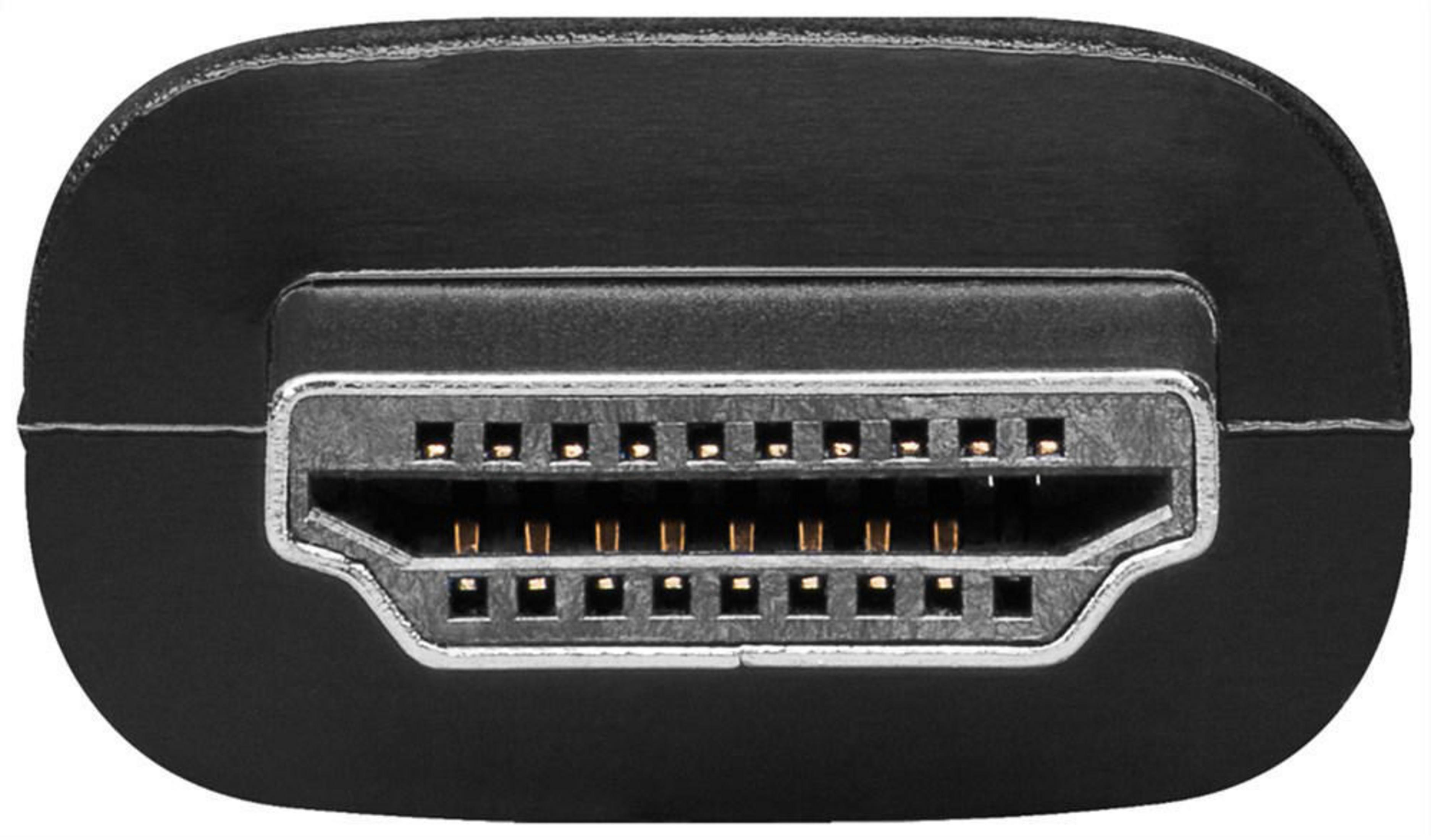 Nahaufnahme eines schwarzen HDMI-Anschlusses mit goldfarbenen Pins.
