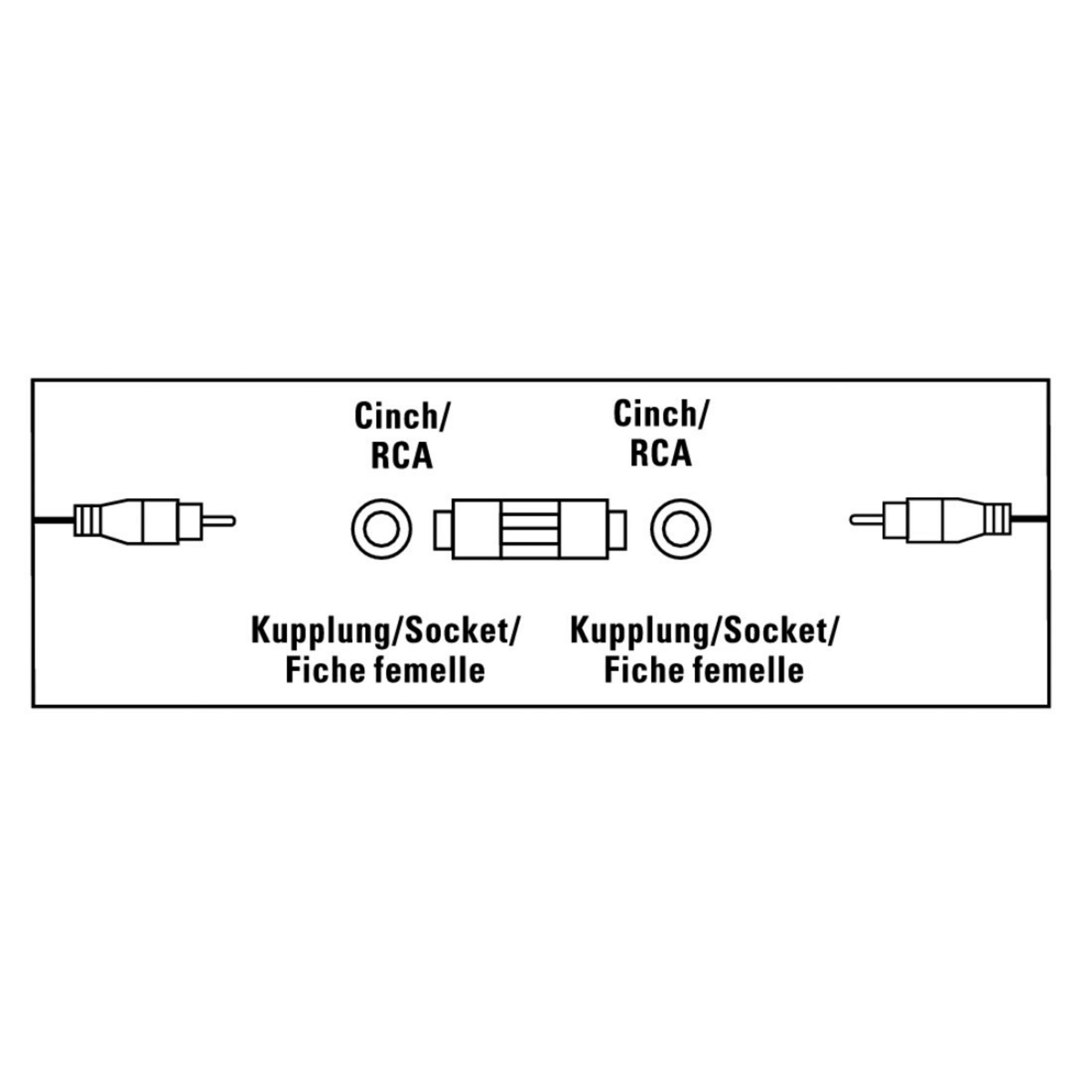 Ein weißes Diagramm mit zwei Cinch-Anschlüssen und zwei Cinch/RCA-Buchsen. Es ist ein Kupplungsdiagramm.