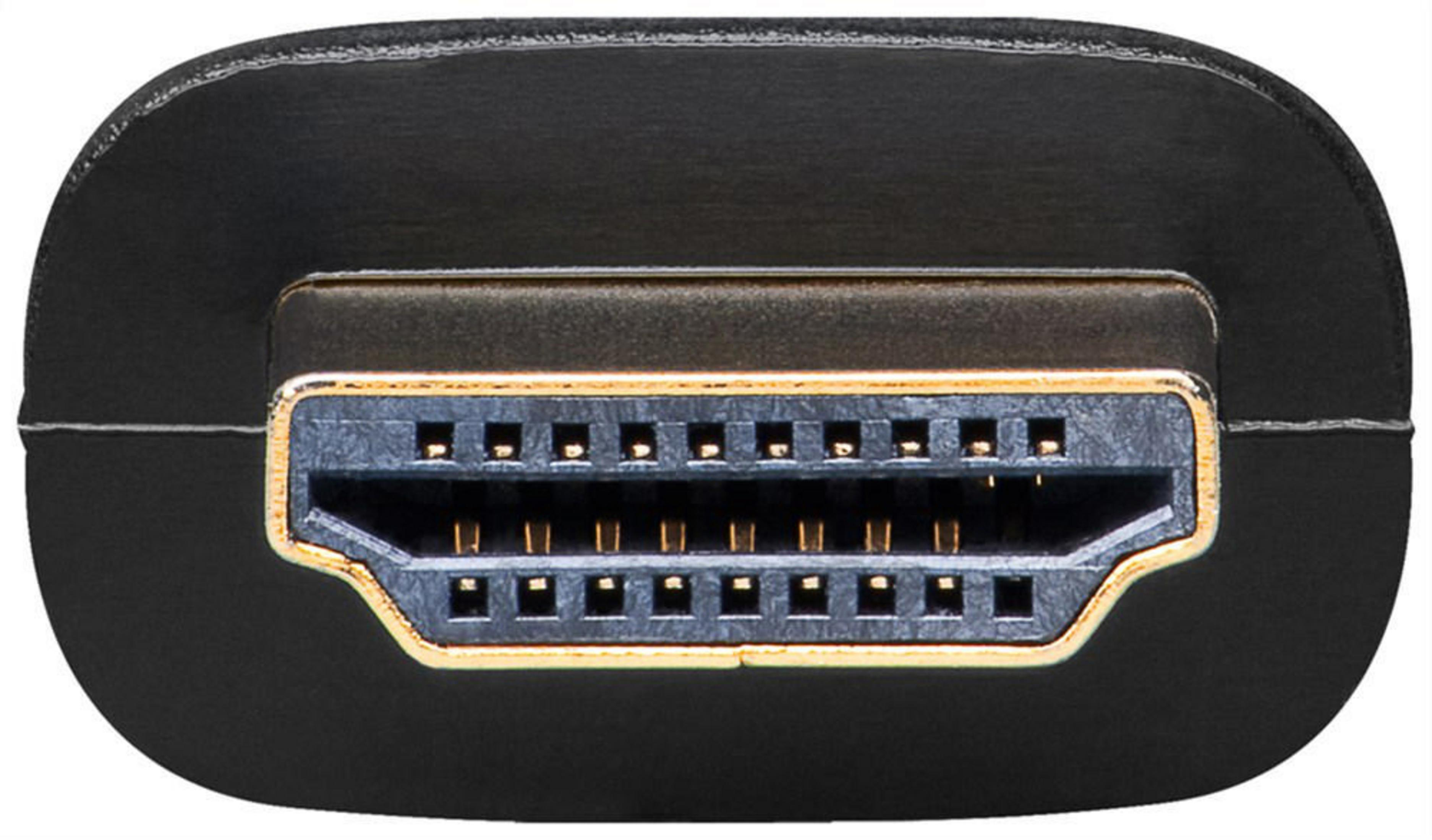 Nahaufnahme eines HDMI-Anschlusses. Der Stecker ist schwarz mit goldenen Pins.