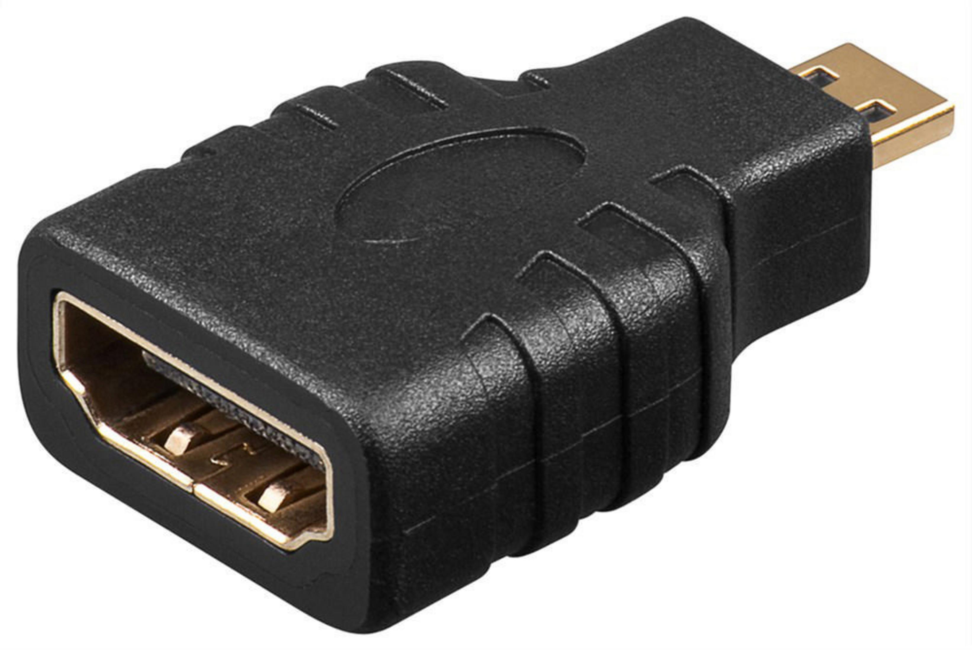 Schwarzer Adapter mit HDMI-Eingang und Micro-HDMI-Ausgang. Er ist auf weißem Grund.