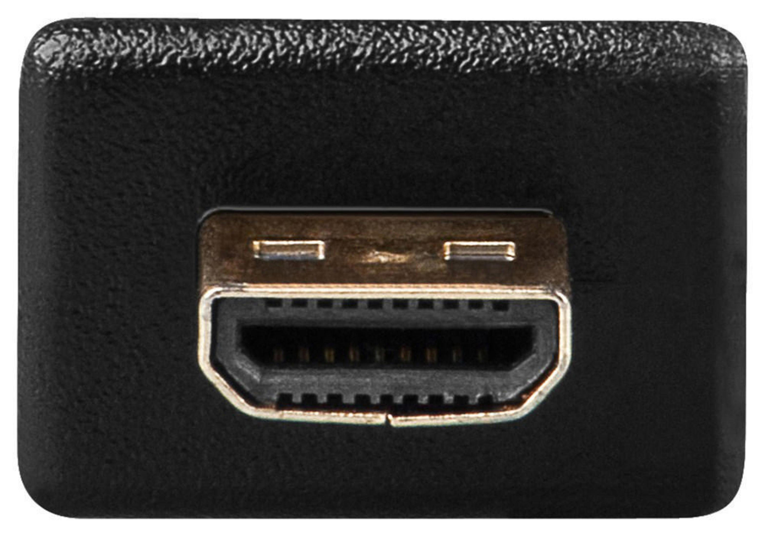 Nahaufnahme eines HDMI-Anschlusses auf einer schwarzen Oberfläche. Der Anschluss ist rechteckig mit mehreren Pins im Inneren.