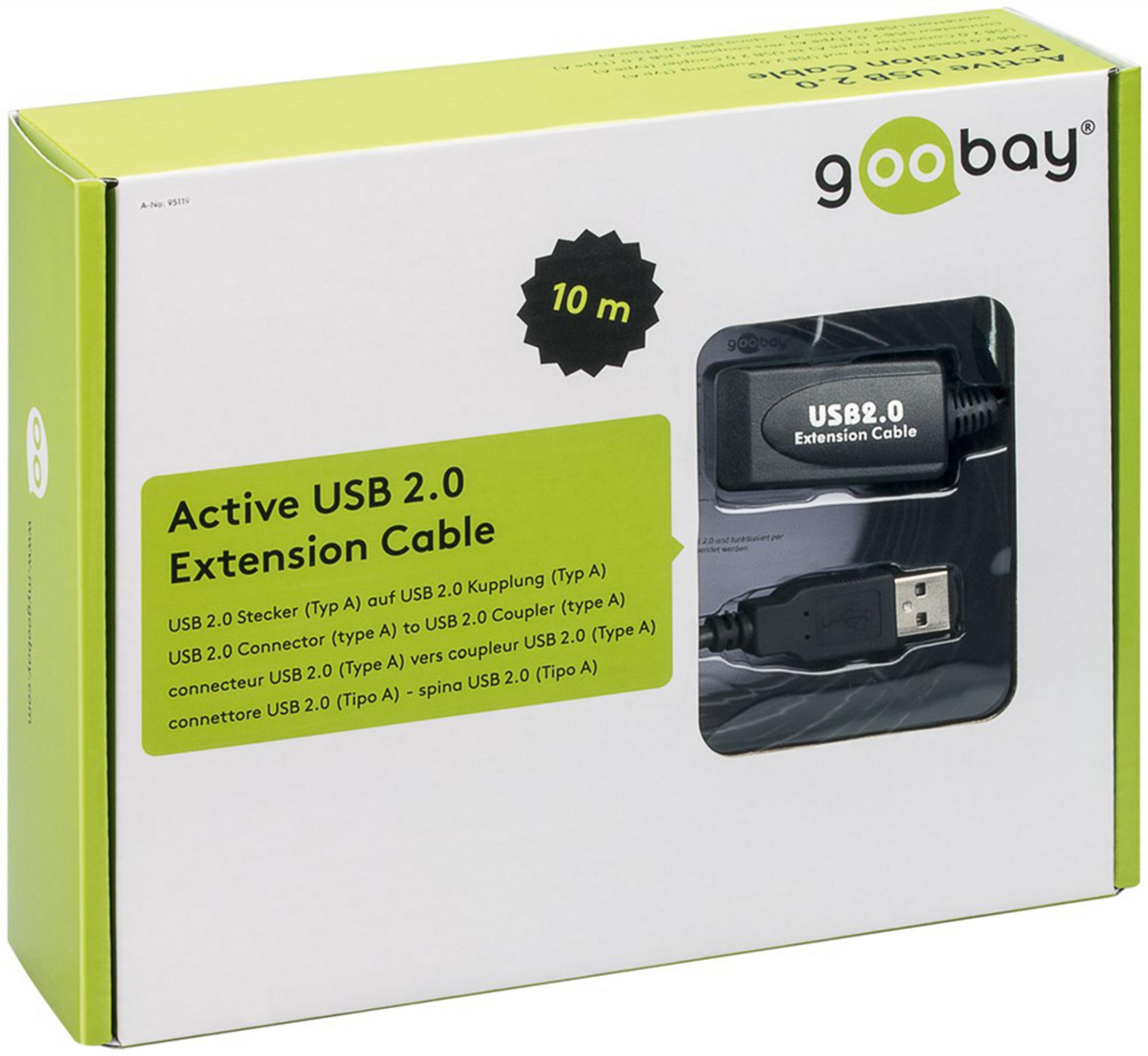 Ein verpacktes aktives USB 2.0 Verlängerungskabel, weißer Karton mit grünen Akzenten.