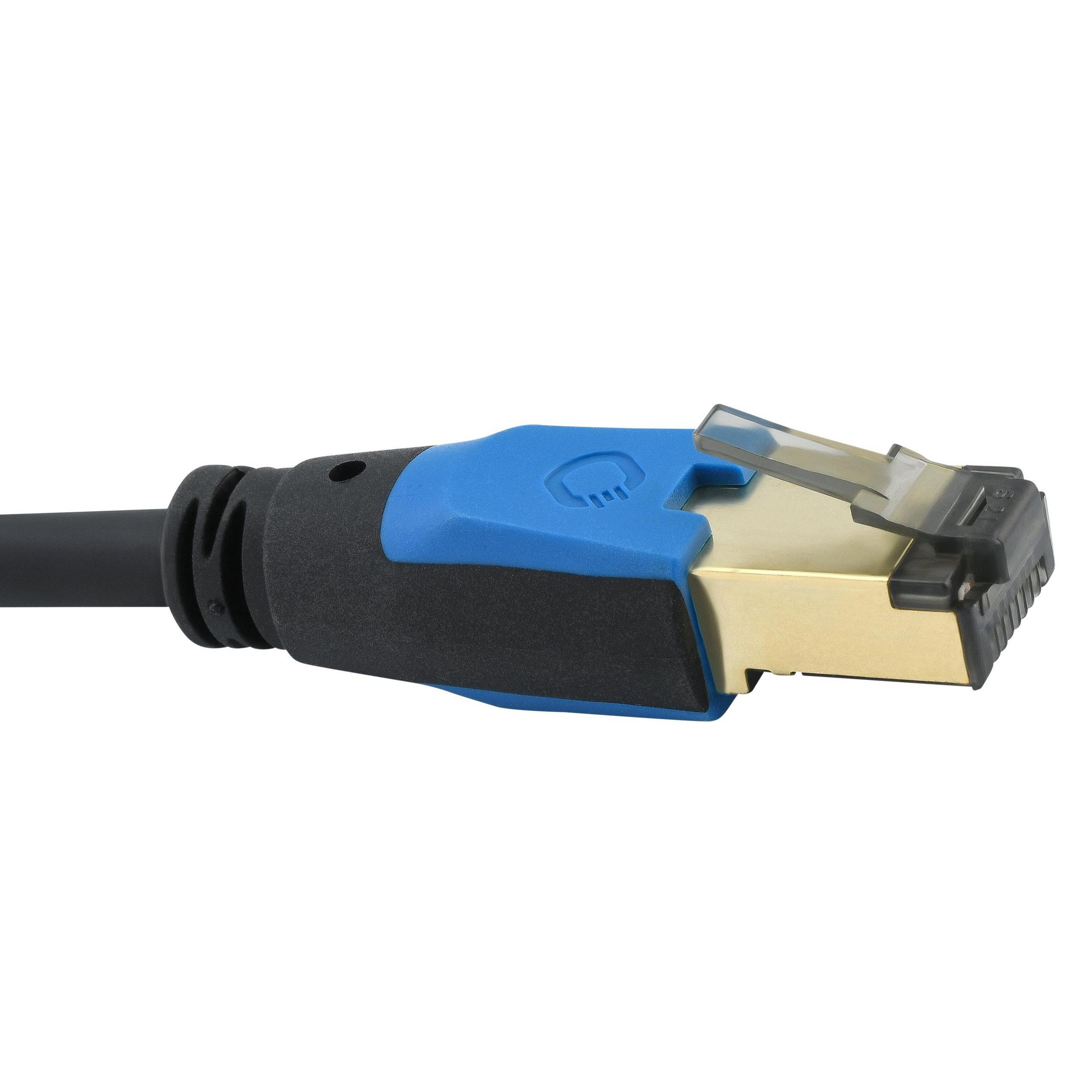 Nahaufnahme eines Ethernet-Kabelanschlusses. Blauer und schwarzer Kunststoff, goldene Pins.