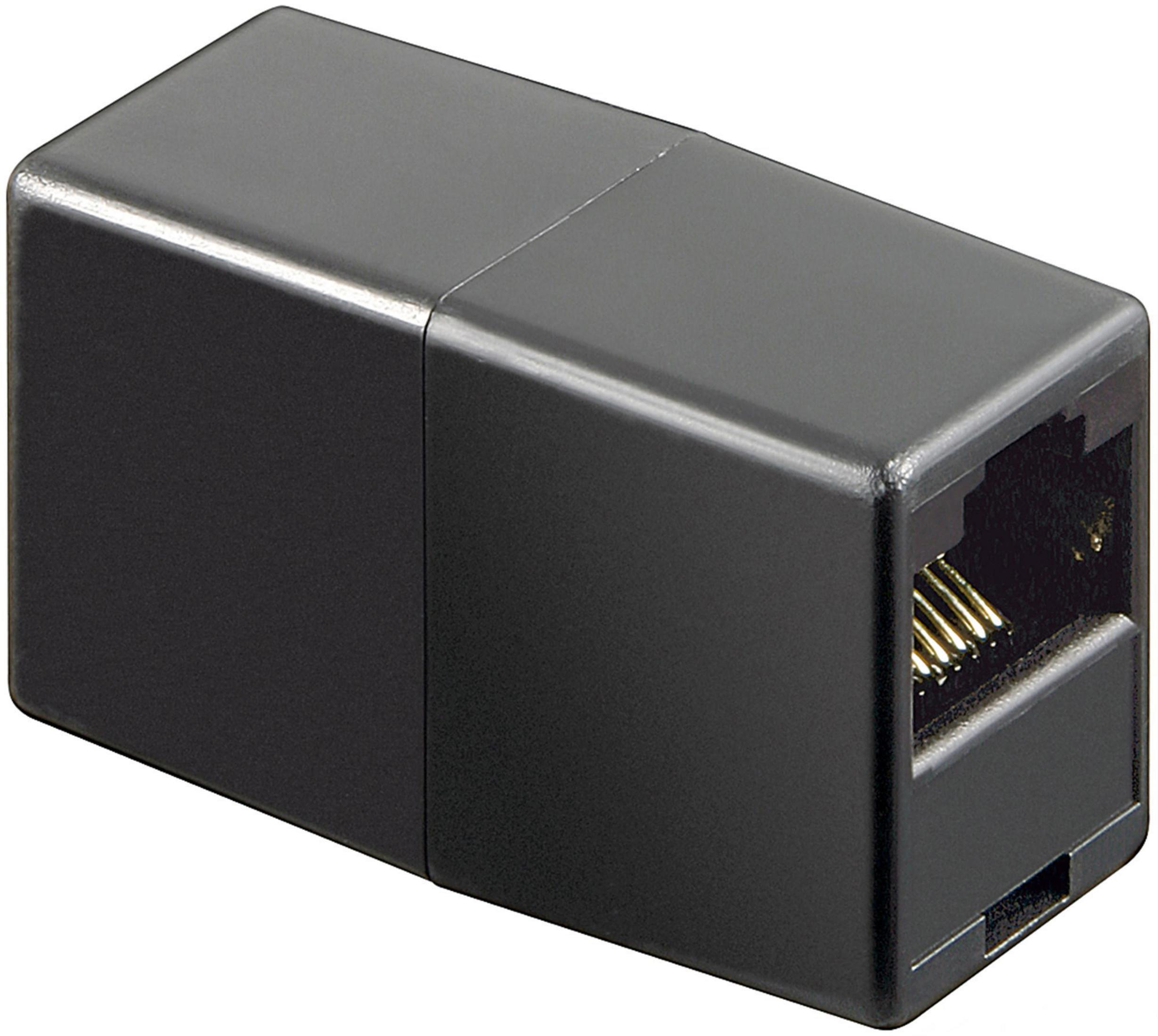Accoppiatore RJ45 nero. Ha una porta femmina su entrambe le estremità e viene utilizzato per collegare due cavi di rete.