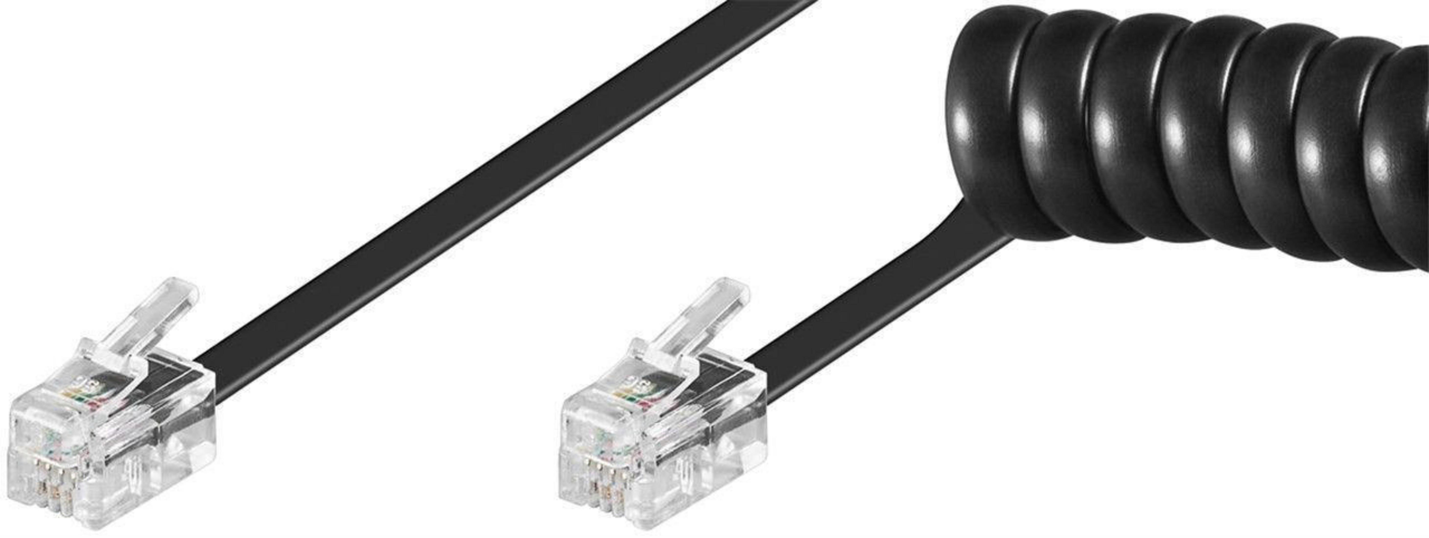 Cavo telefonico nero con connettori RJ11. Un'estremità a spirale, l'altra diritta. Sfondo bianco.