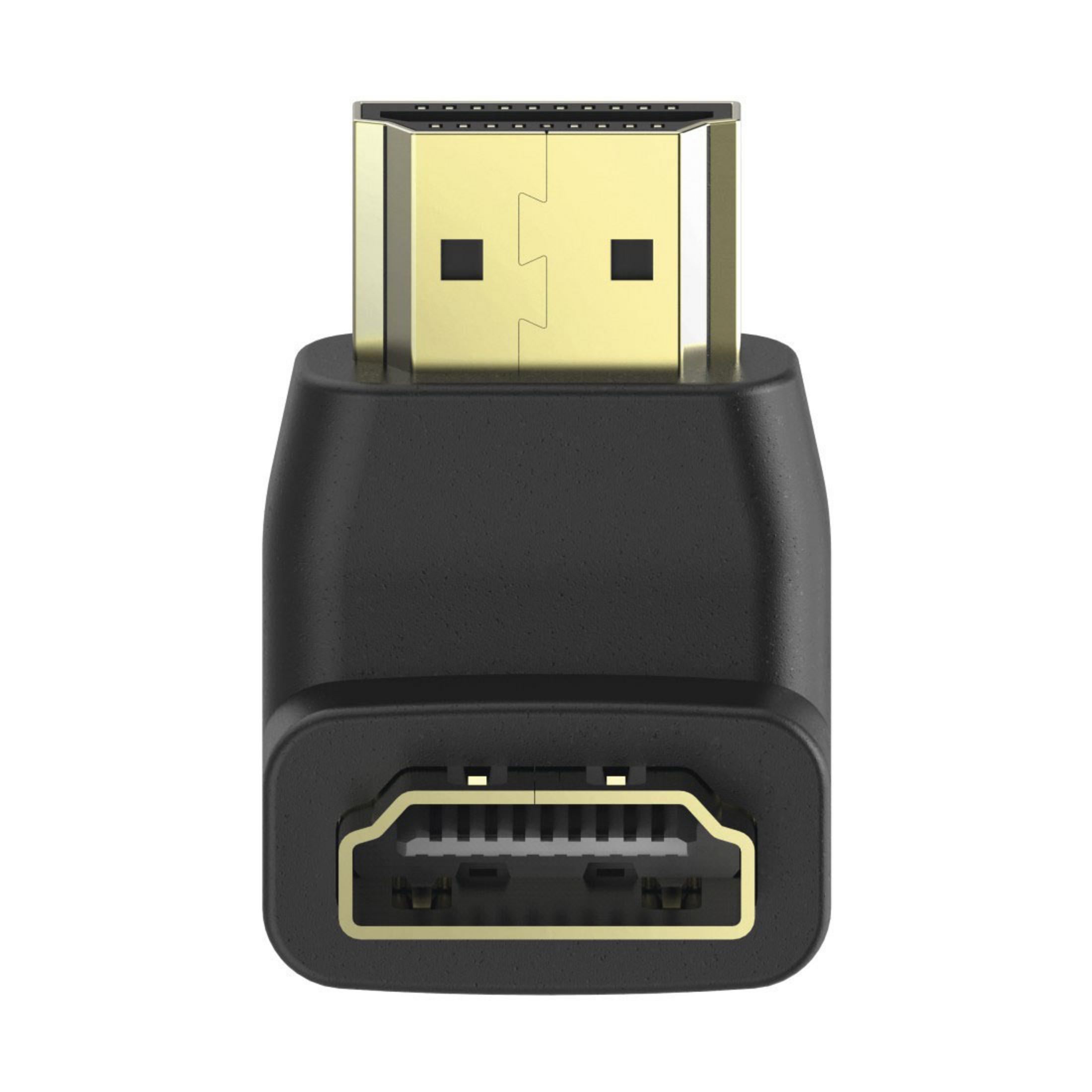 Schwarzer HDMI-Adapter. Hat einen Buchsen- und einen Stecker-HDMI-Anschluss. Weißer Hintergrund.
